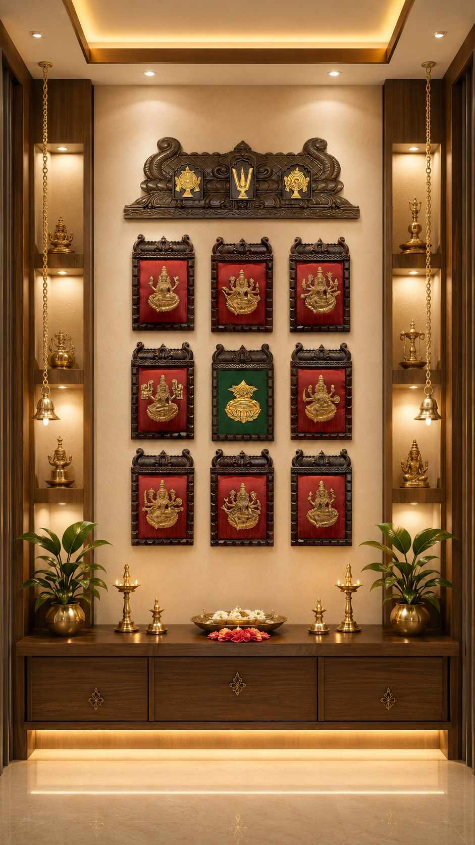 Astha Lakshmi Brass Wall Art Set with Wooden Frames  | Luxury Wall Decor | Estudio
