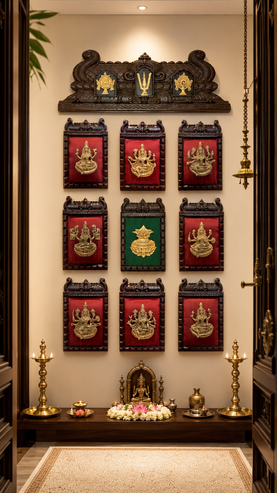 Astha Lakshmi Brass Wall Art Set with Wooden Frames  | Luxury Wall Decor | Estudio