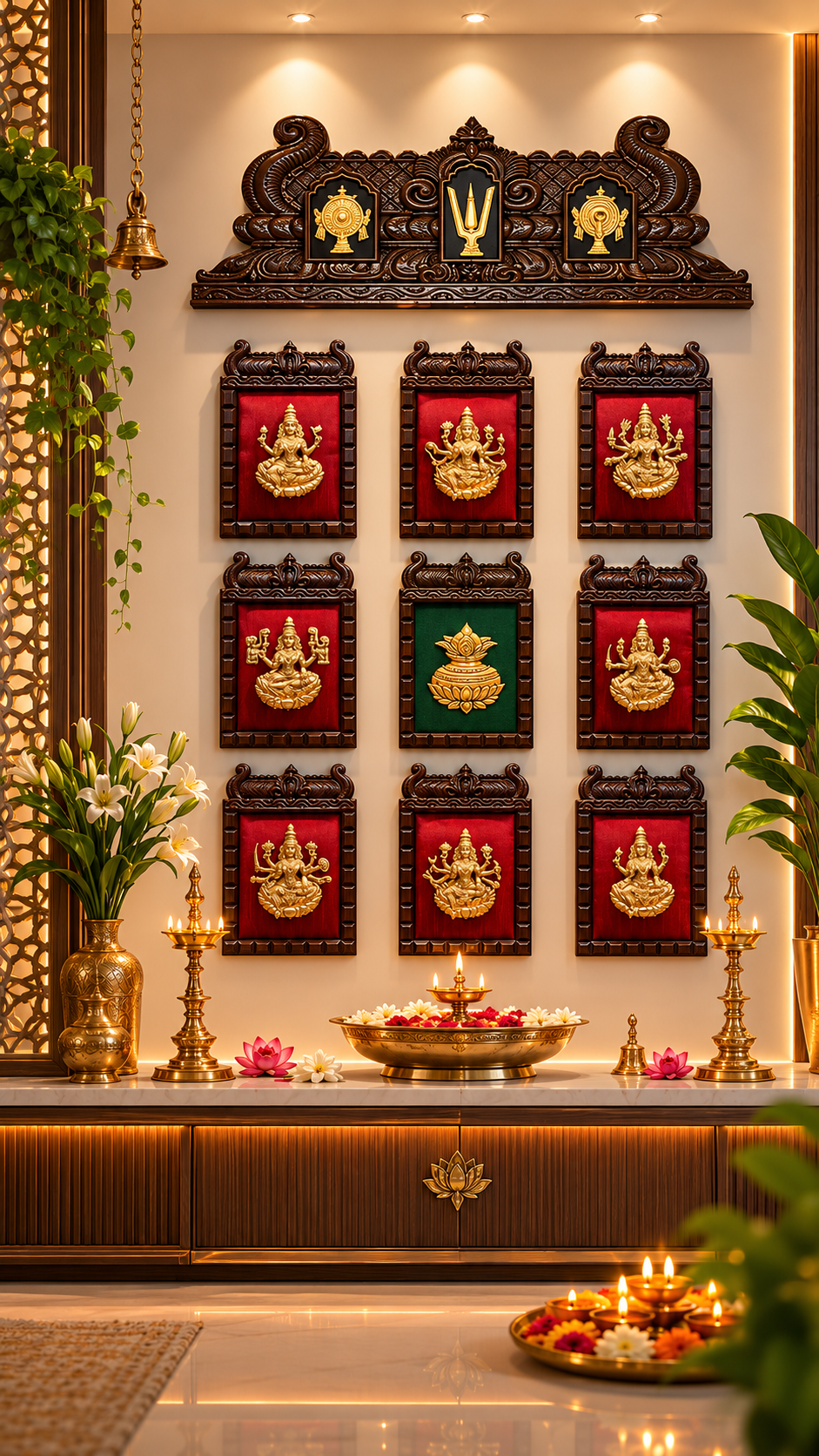 Astha Lakshmi Brass Wall Art Set with Wooden Frames  | Luxury Wall Decor | Estudio