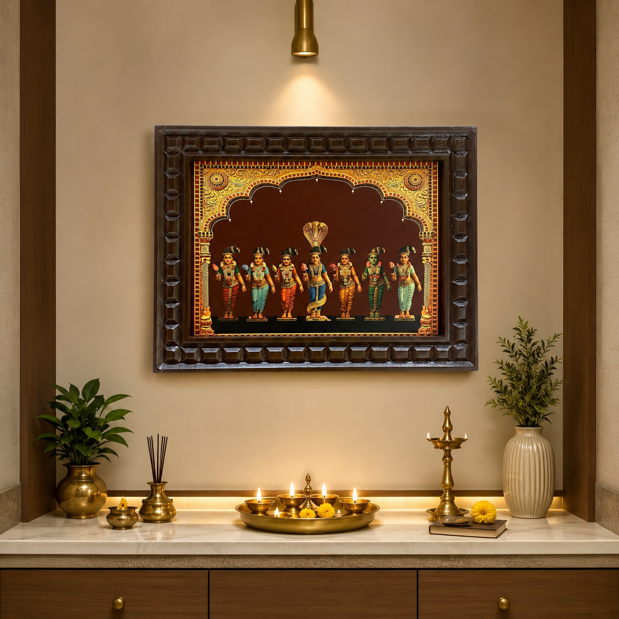 Saptha Kannigal Gold Leaf Artwork | Premium Framed Hindu Wall Art for Pooja Room & Home Decor