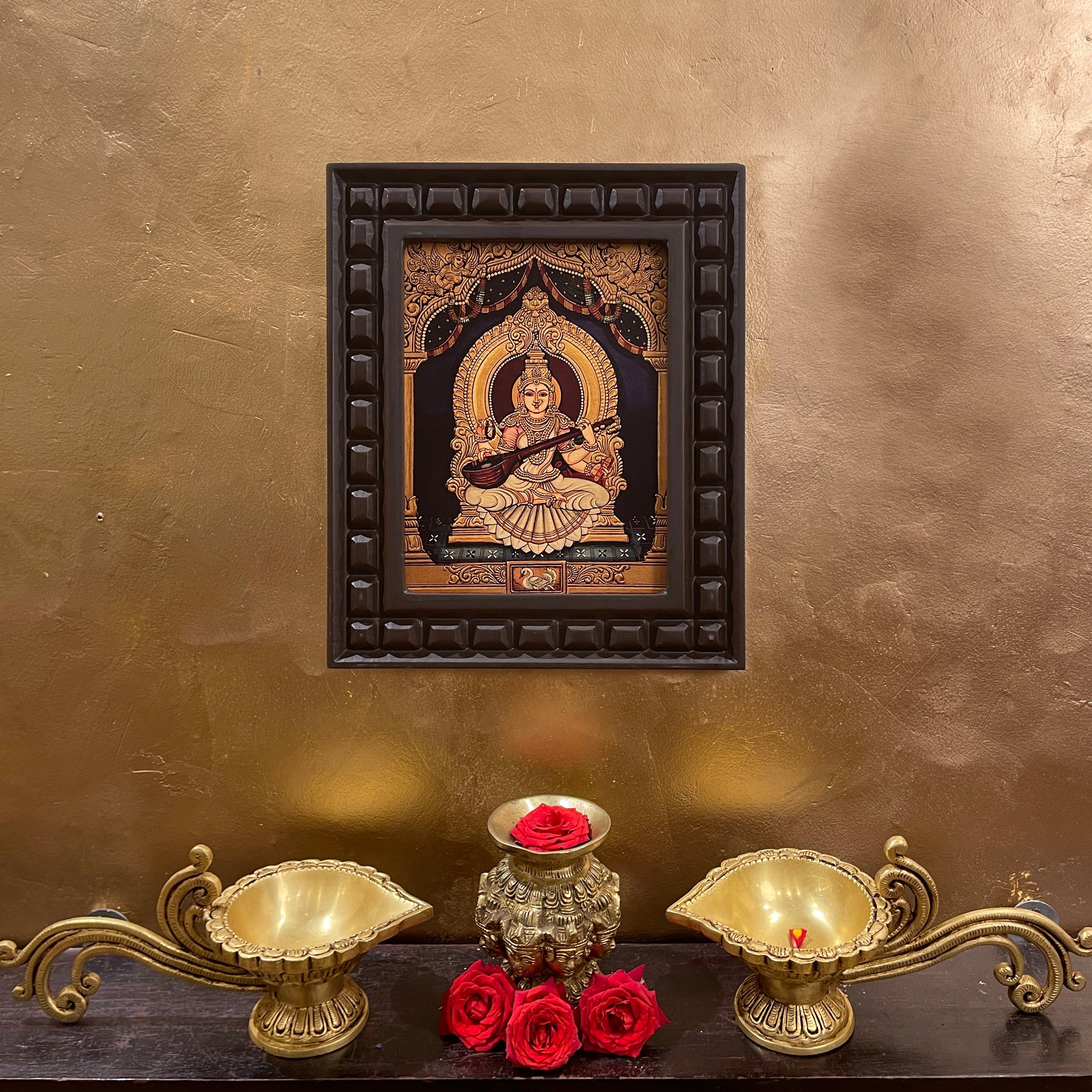 Goddess Saraswati Gold Leafed Art With Wooden Frame