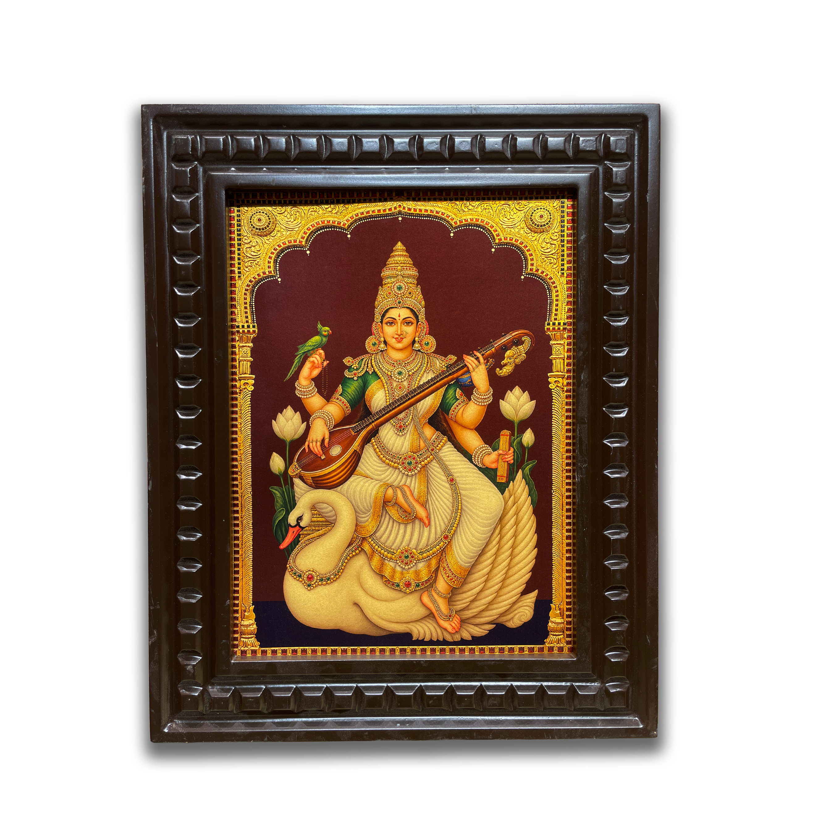 Saraswati Gold Leaf Art with Divine Swan | Premium Engineered Wooden Frame
