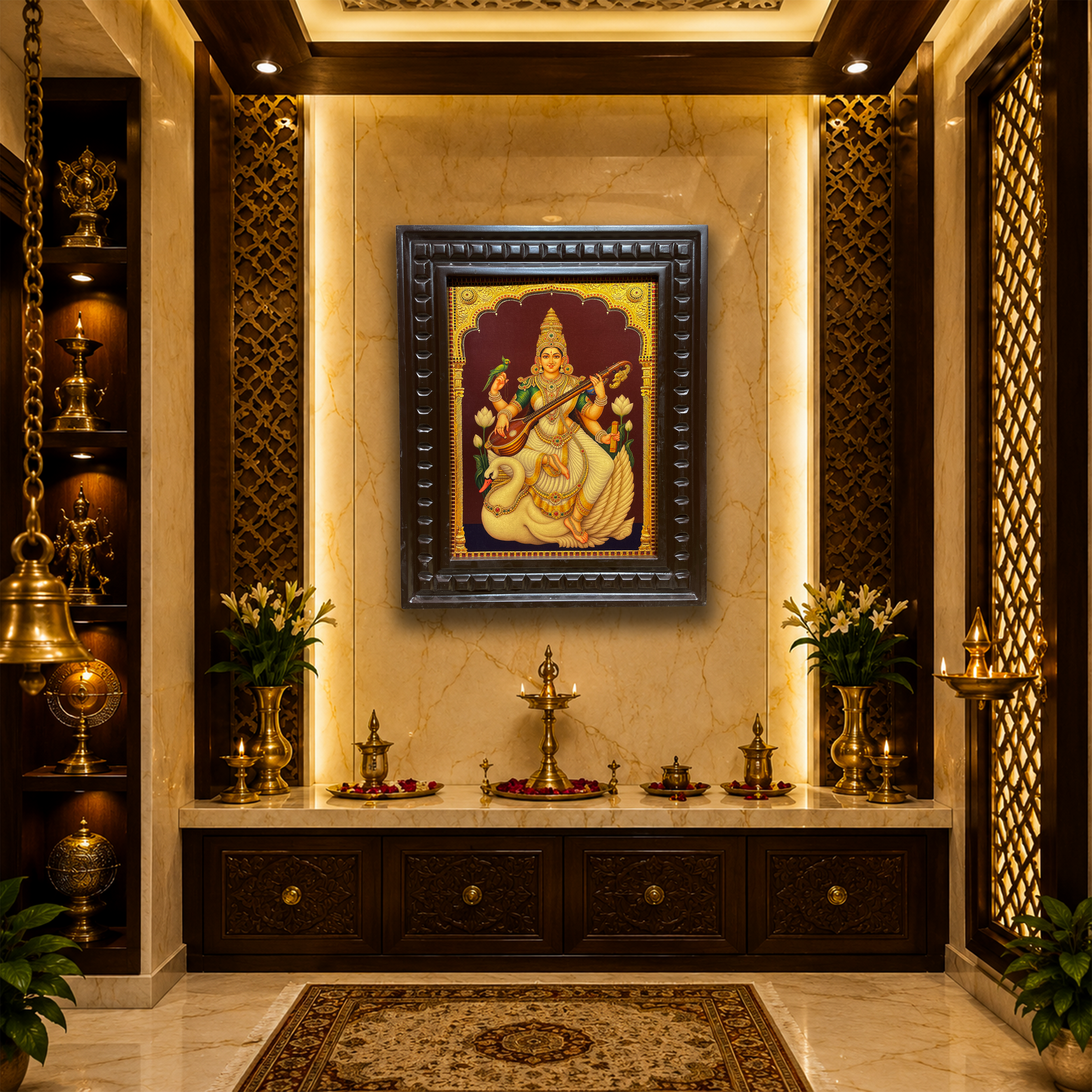 Saraswati Gold Leaf Art with Divine Swan | Premium Engineered Wooden Frame
