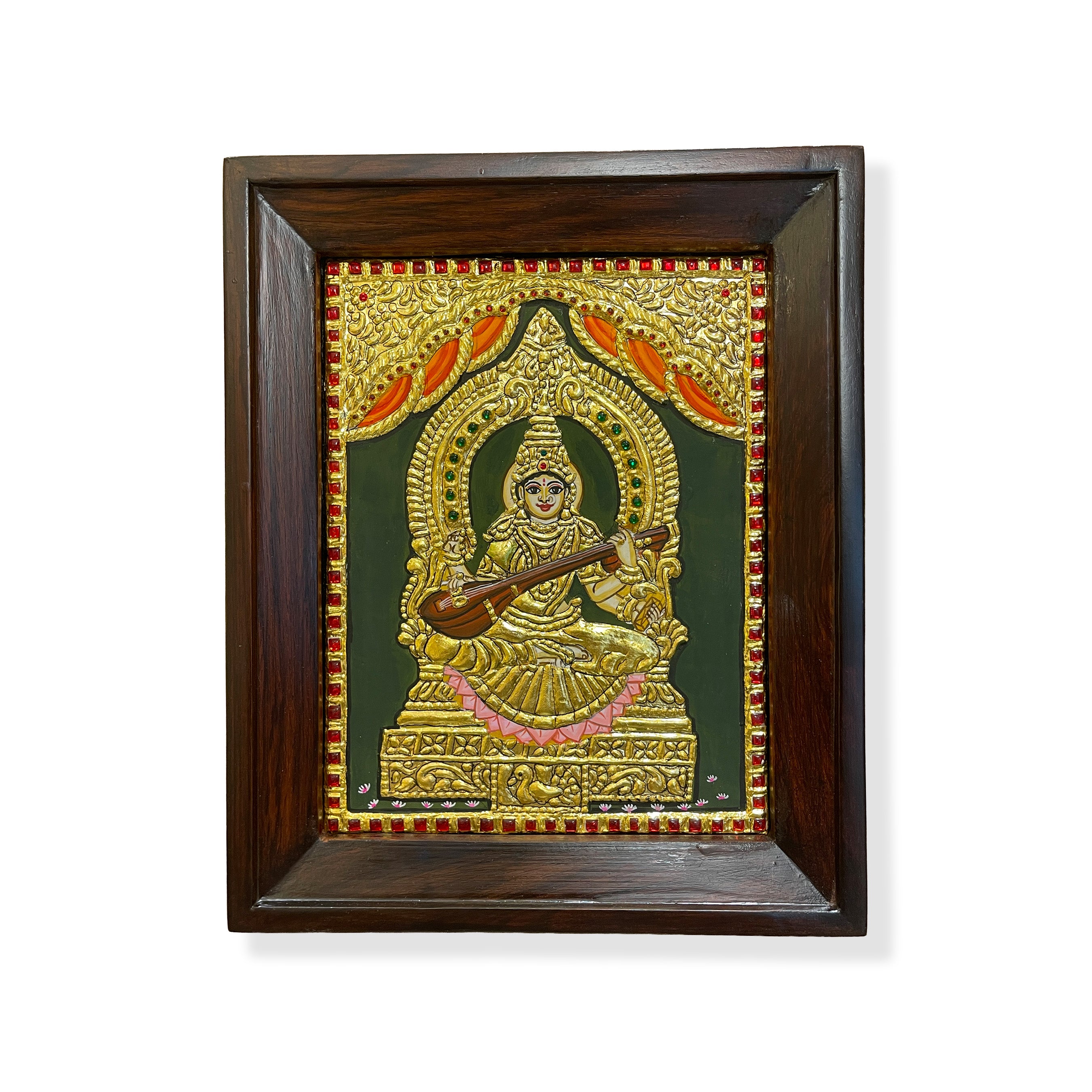 Goddess Saraswati Tanjore Painting with Rosewood Frame | Traditional Gold Leaf Art