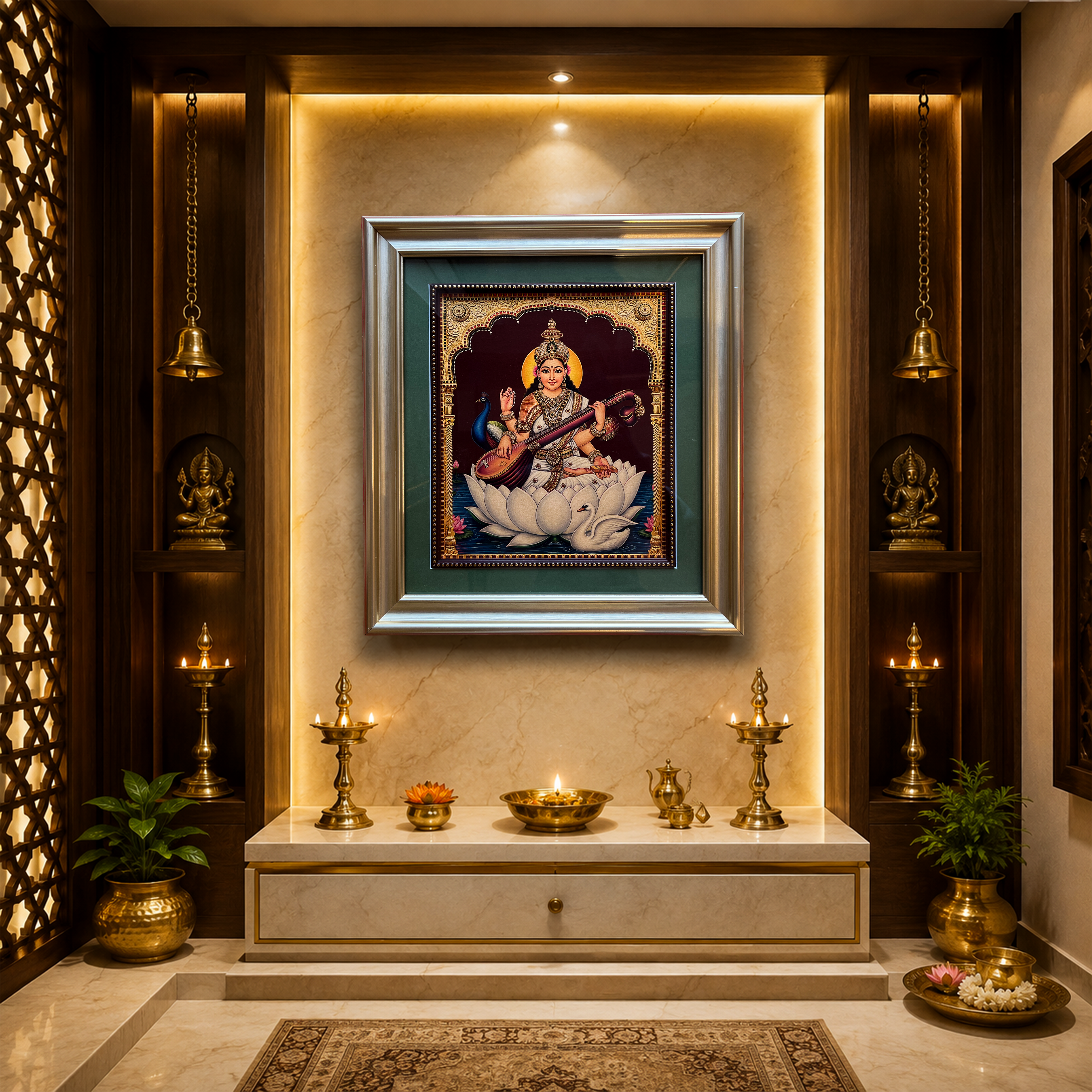 Goddess Saraswathi Gold Leaf Artwork | Luxury Gold Resin Frame with Green Mount & Inner Beading