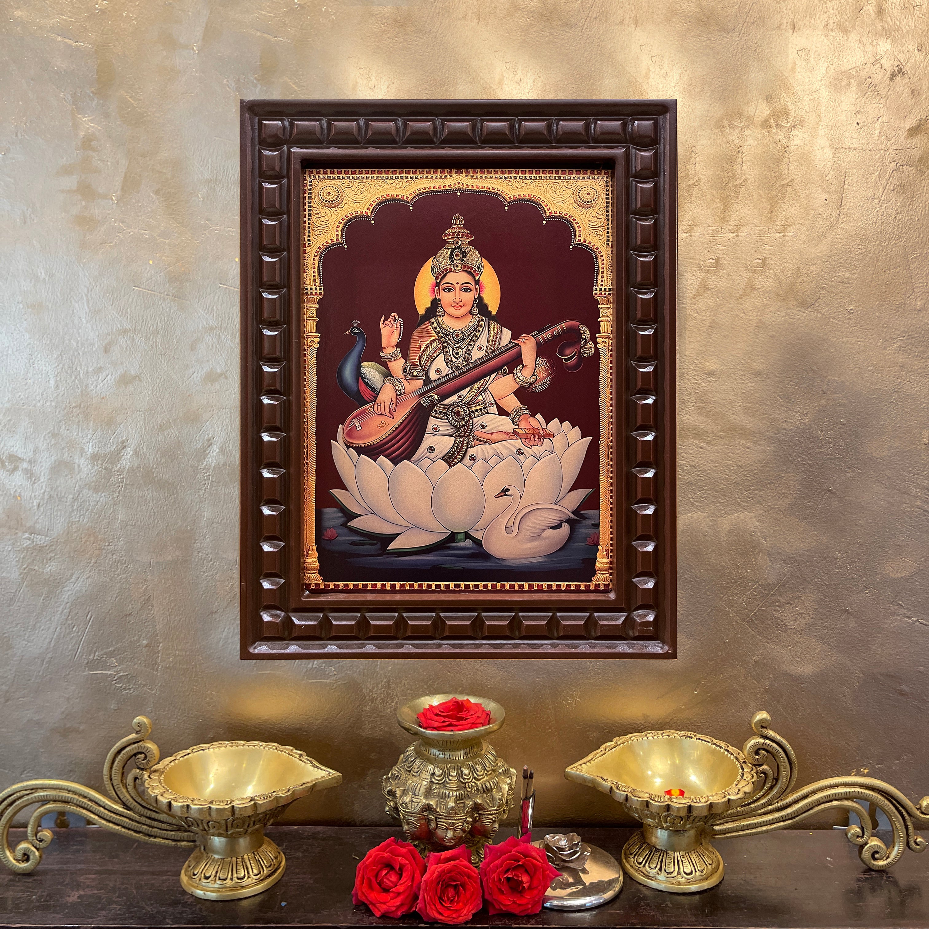 Saraswati with Swan & Peacock Gold Leafed Artwork with Polished Engineered Wooden Frame