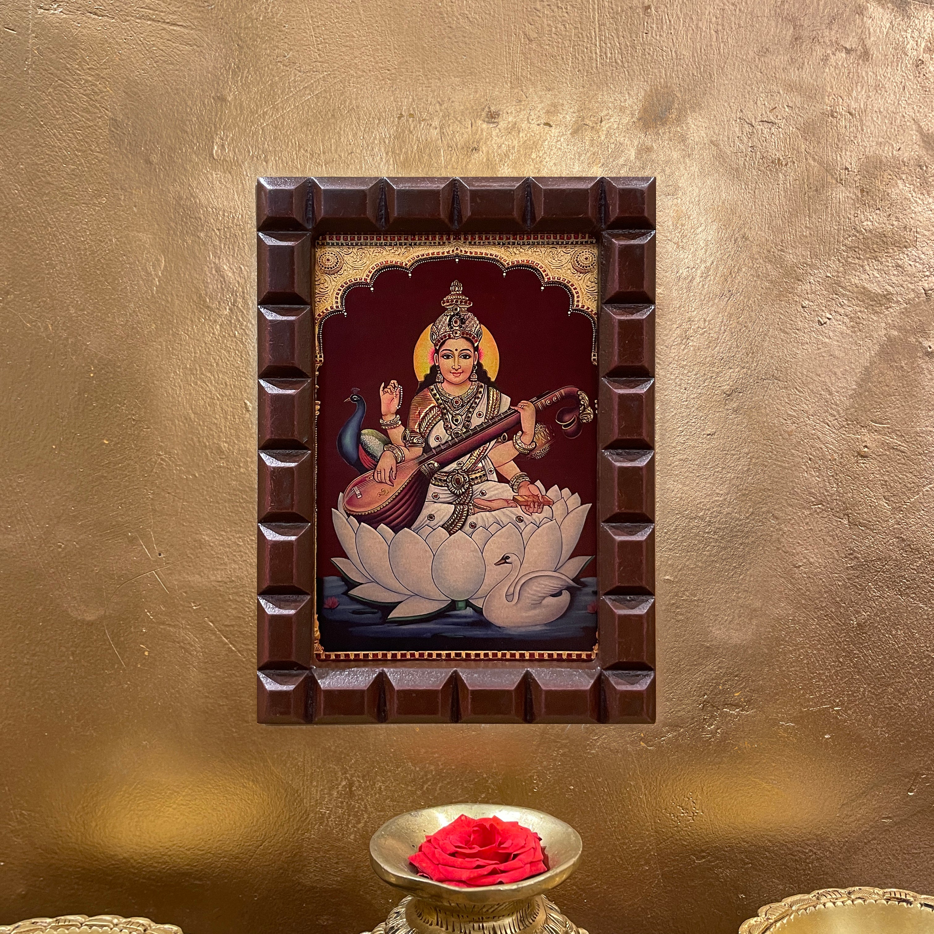 Saraswati with Swan & Peacock Gold Leafed Artwork with Polished Engineered Wooden Frame