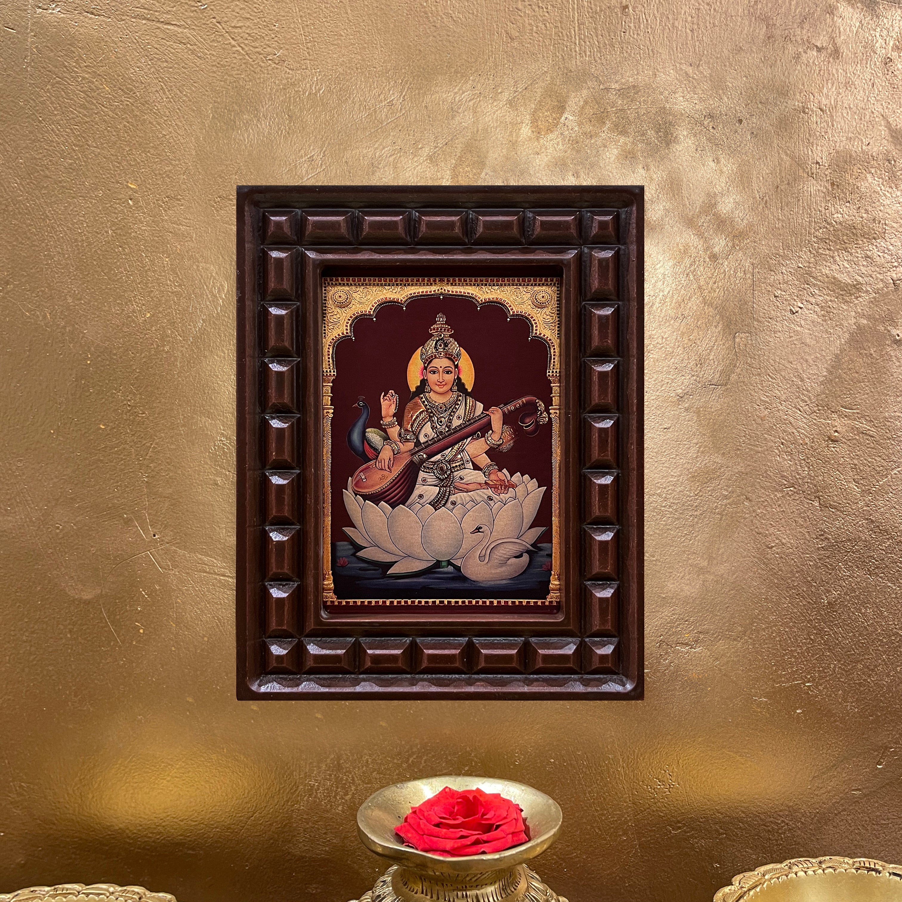 Saraswati with Swan & Peacock Gold Leafed Artwork with Polished Engineered Wooden Frame