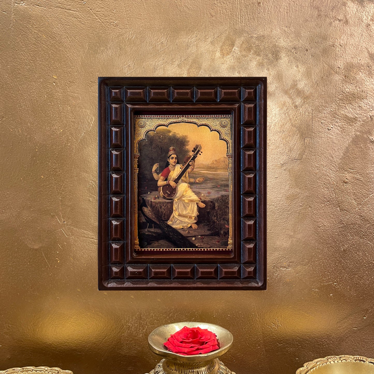 Gold Leafed Goddess Saraswati with Peacock