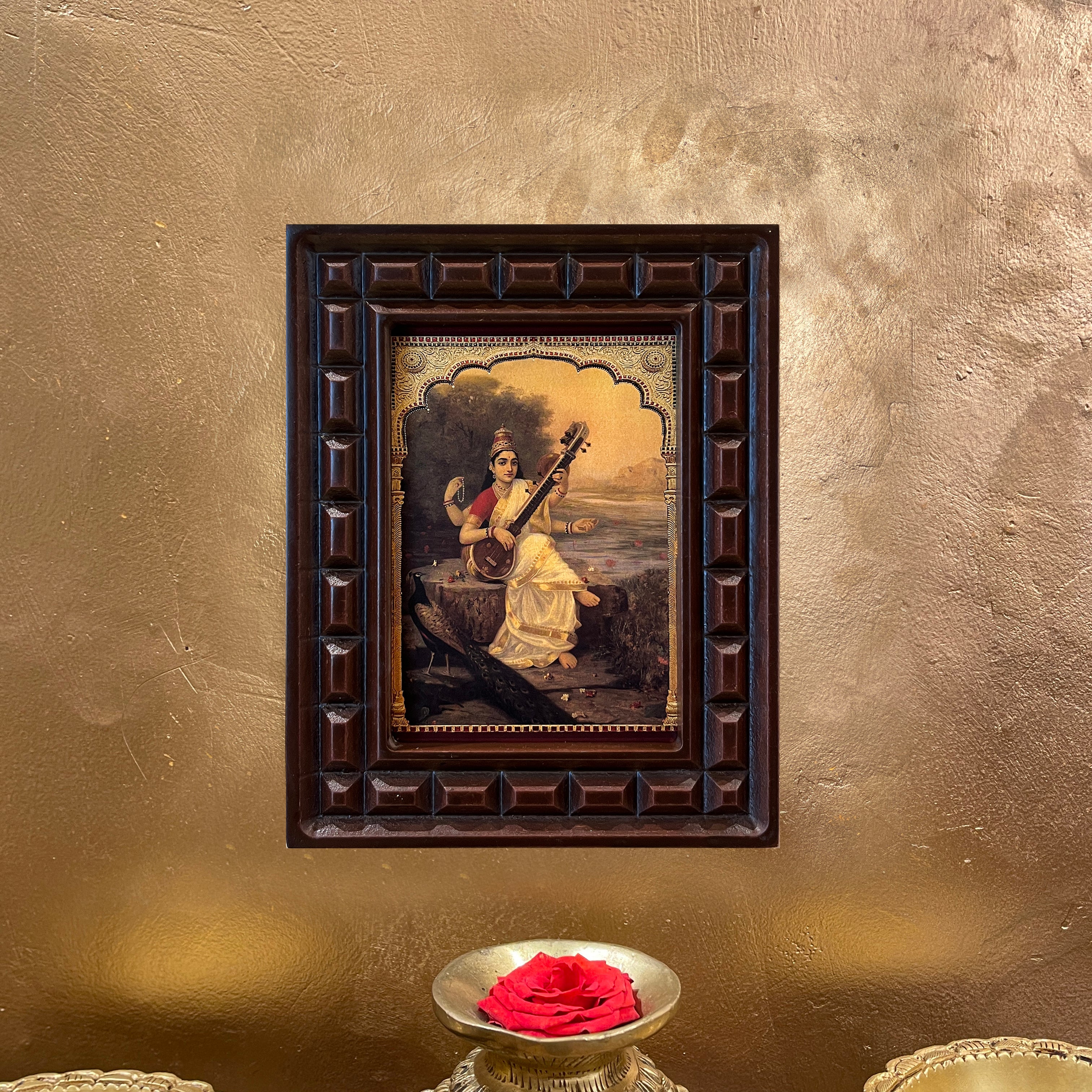 Saraswati with Peacock Gold Leafed Artwork with Polished Engineered Wooden Frame