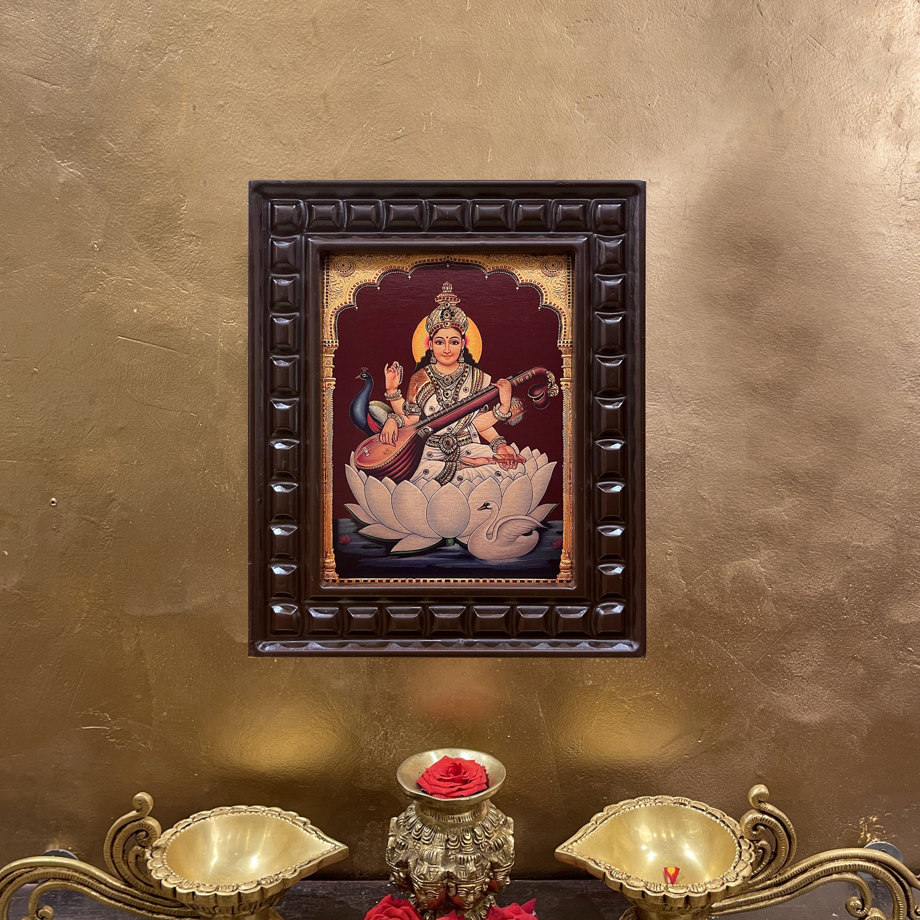 Saraswati with Swan & Peacock Gold Leafed Artwork with Polished Engineered Wooden Frame