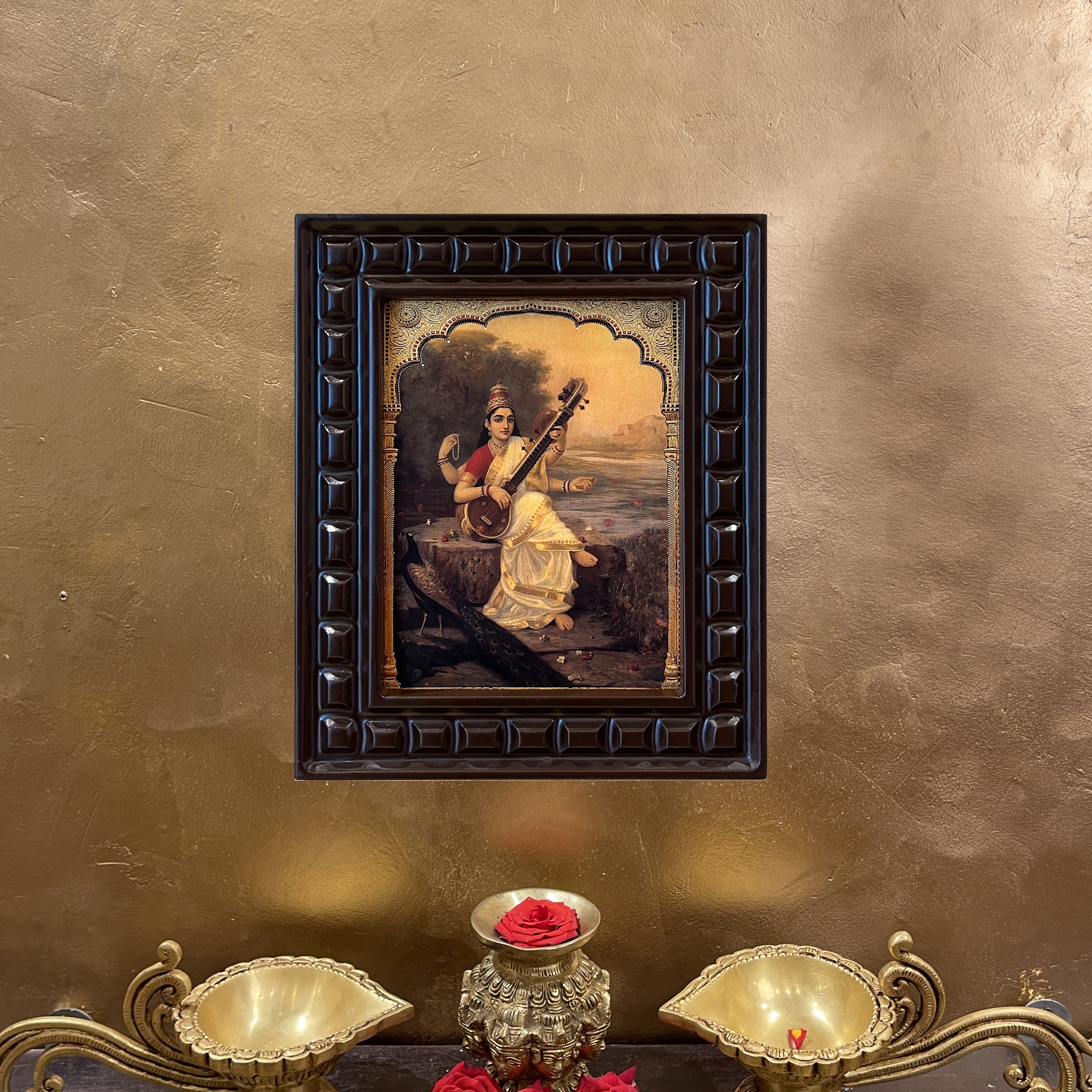 Saraswati with Peacock Gold Leafed Artwork with Polished Engineered Wooden Frame
