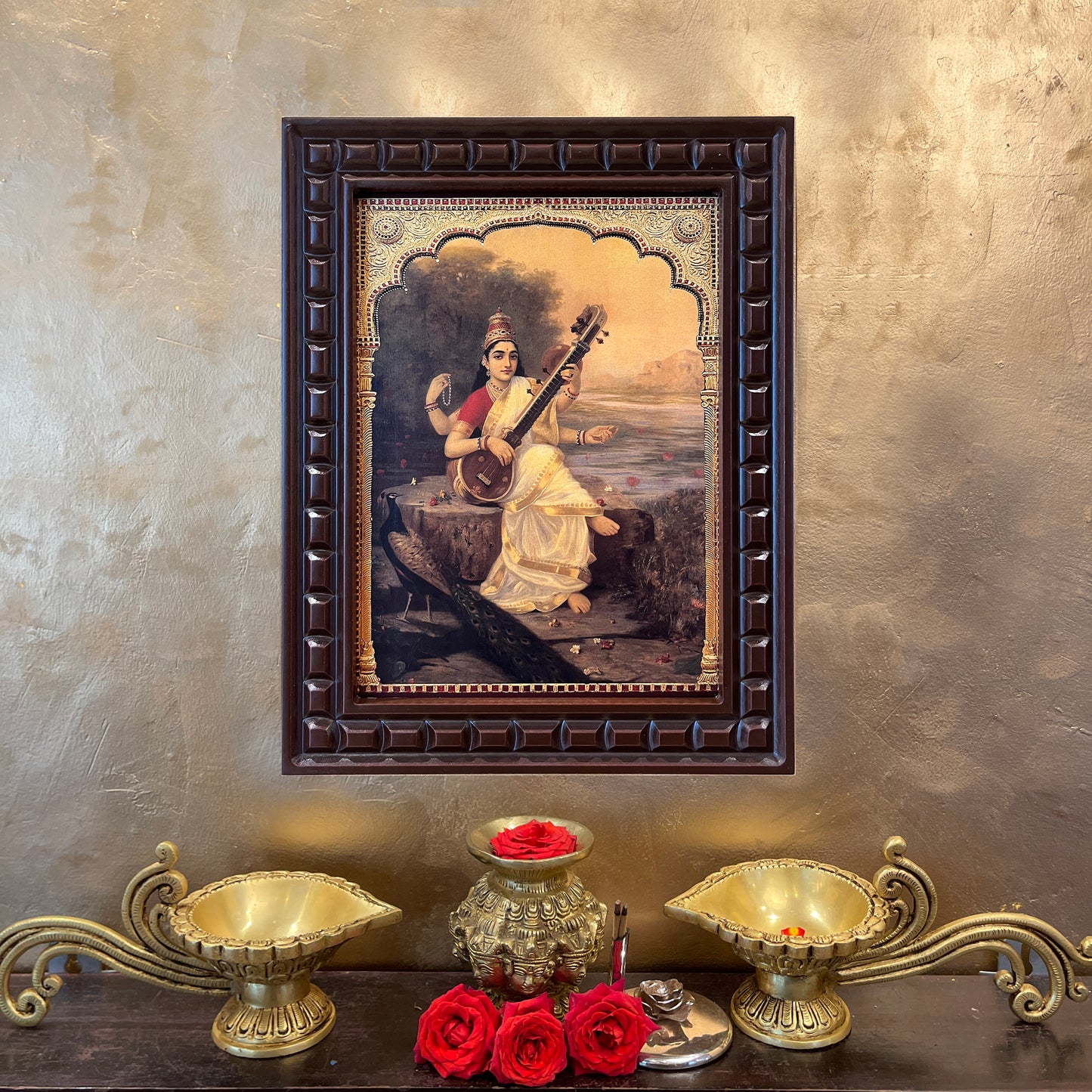 Gold Leafed Goddess Saraswati with Peacock