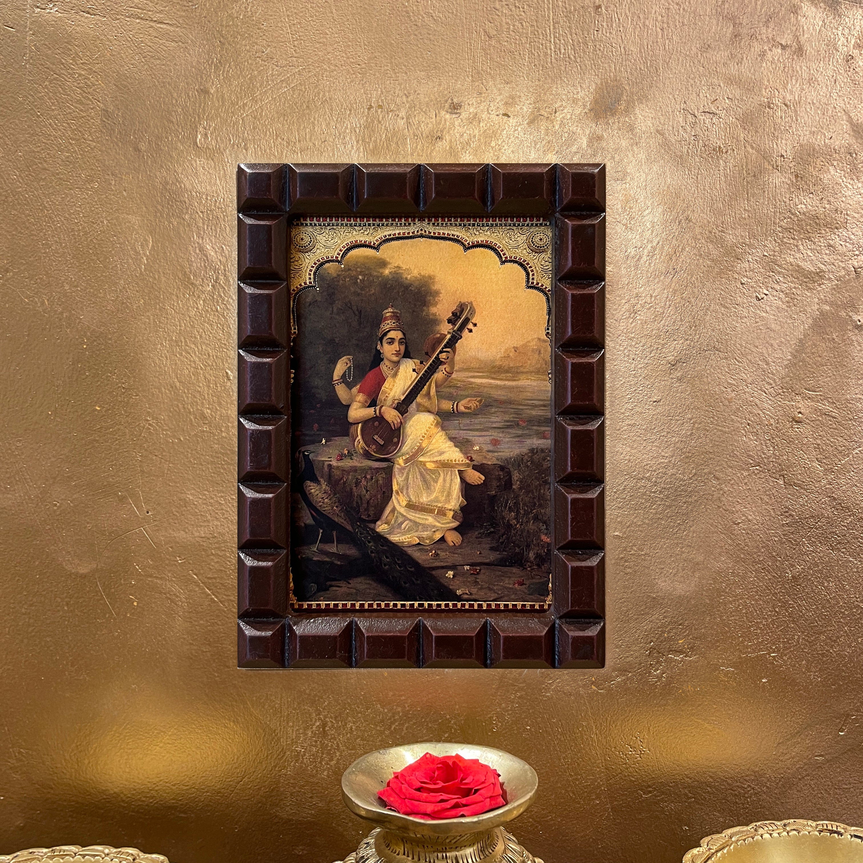 Saraswati with Peacock Gold Leafed Artwork with Polished Engineered Wooden Frame