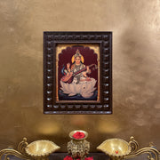 Saraswati with Swan & Peacock Gold Leafed Artwork with Polished Engineered Wooden Frame
