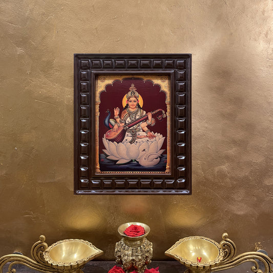 Gold Leafed Goddess Saraswati with Swan & Peacock