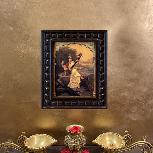 Gold Leafed Goddess Saraswati with Peacock