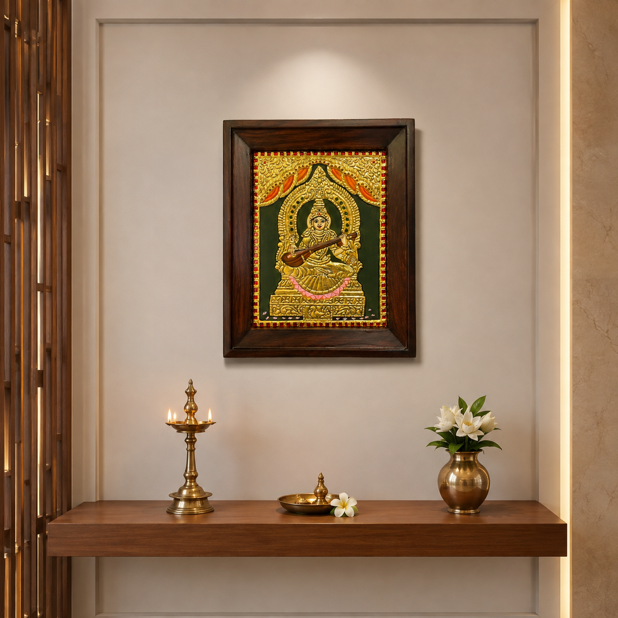 Goddess Saraswati Tanjore Painting with Rosewood Frame | Traditional Gold Leaf Art