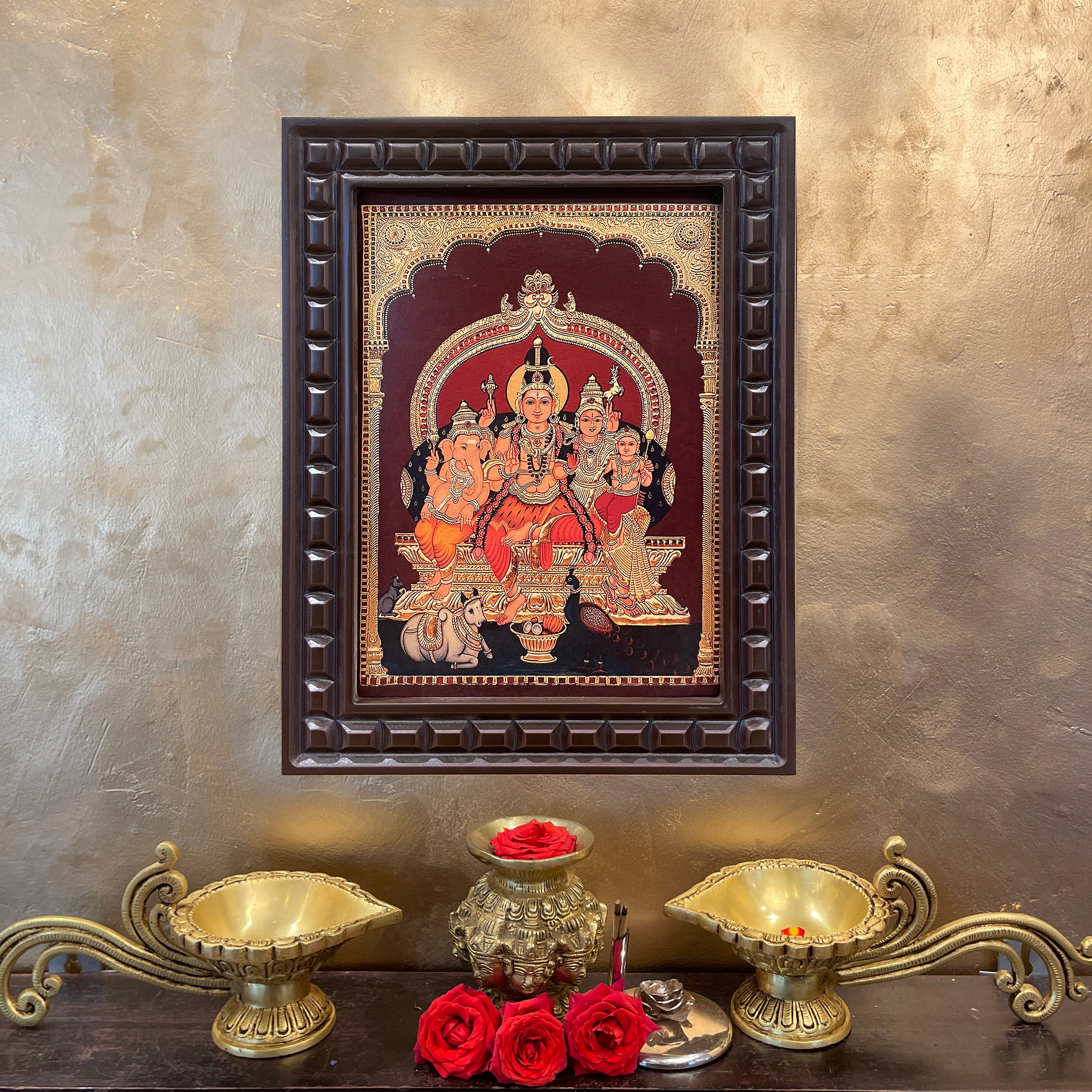 Gold Leafed Shiva Parivar in Wooden Frame