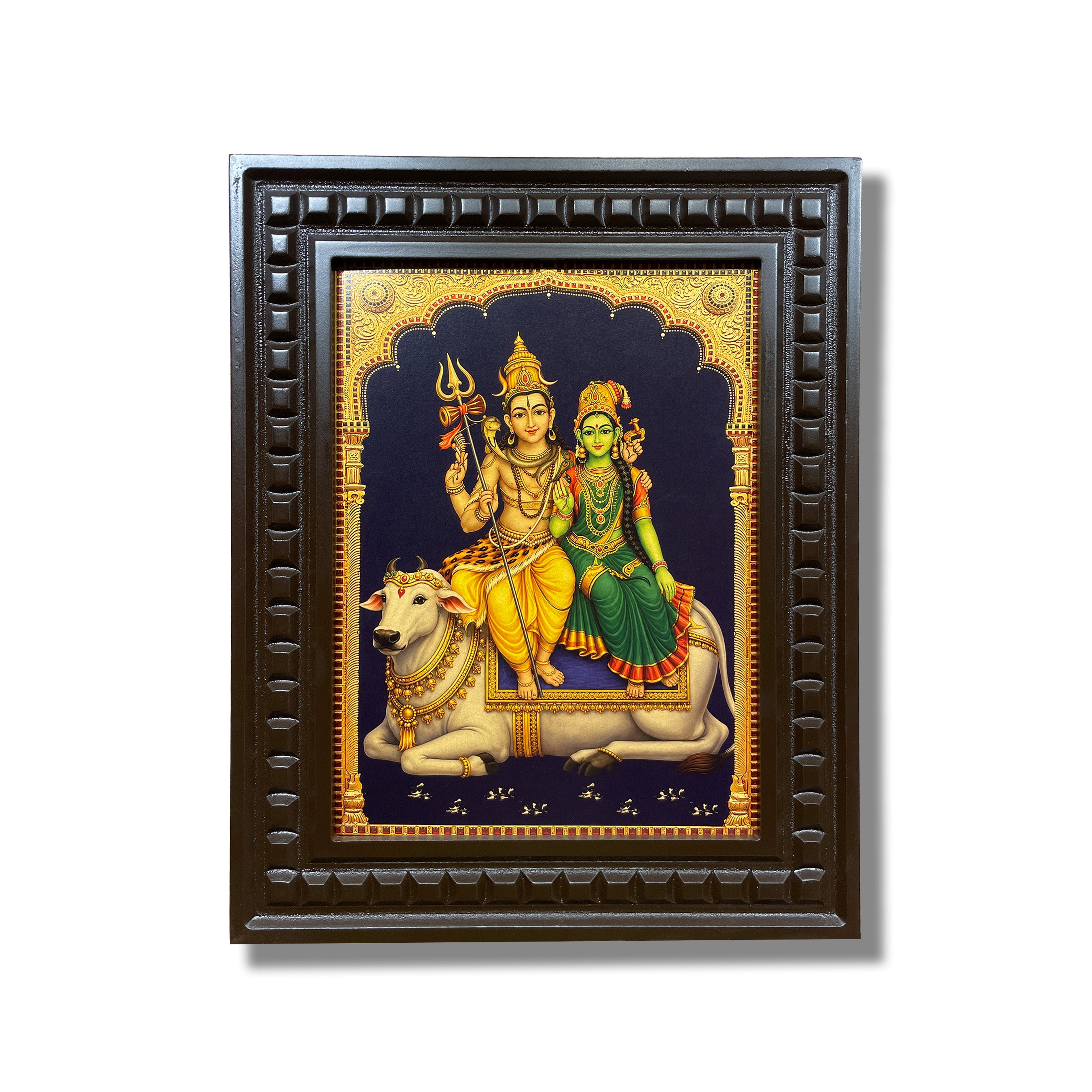Shiva Parvathi with Nandhi Gold Leaf Art | Engineered Wooden Frame