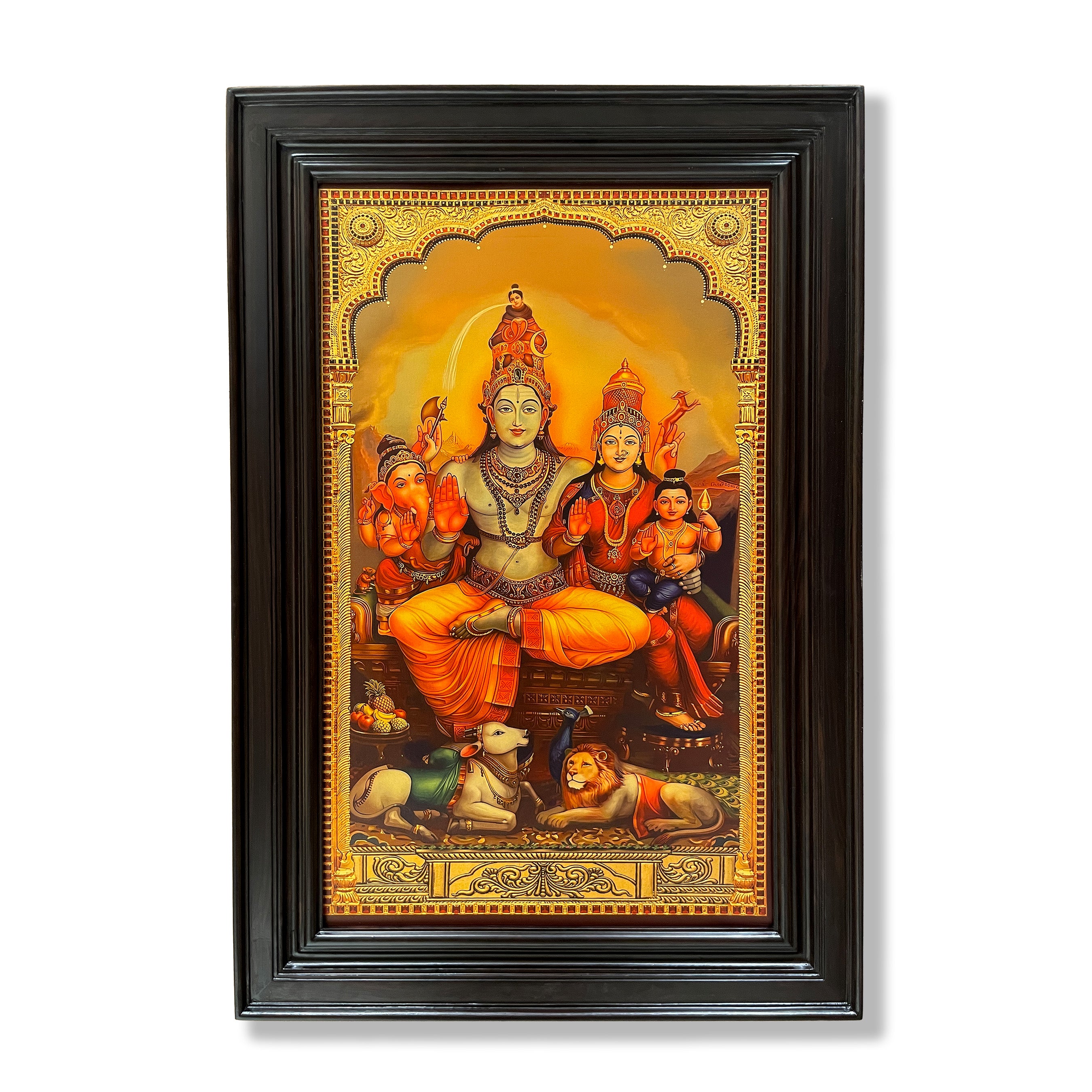 Shiva Parivar Gold Leaf Art | Premium Rosewood Frame Wall Art
