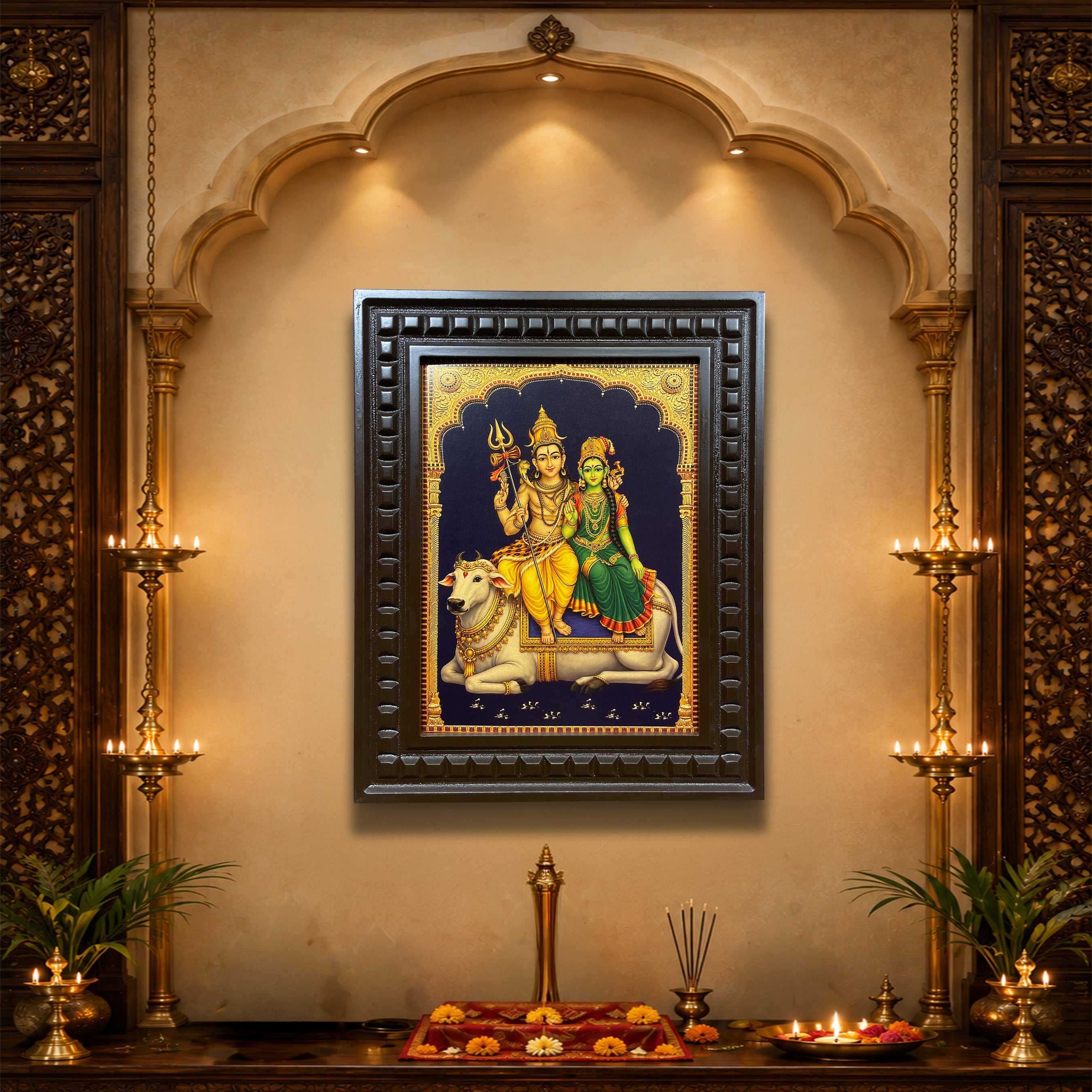 Shiva Parvathi with Nandhi Gold Leaf Art | Engineered Wooden Frame