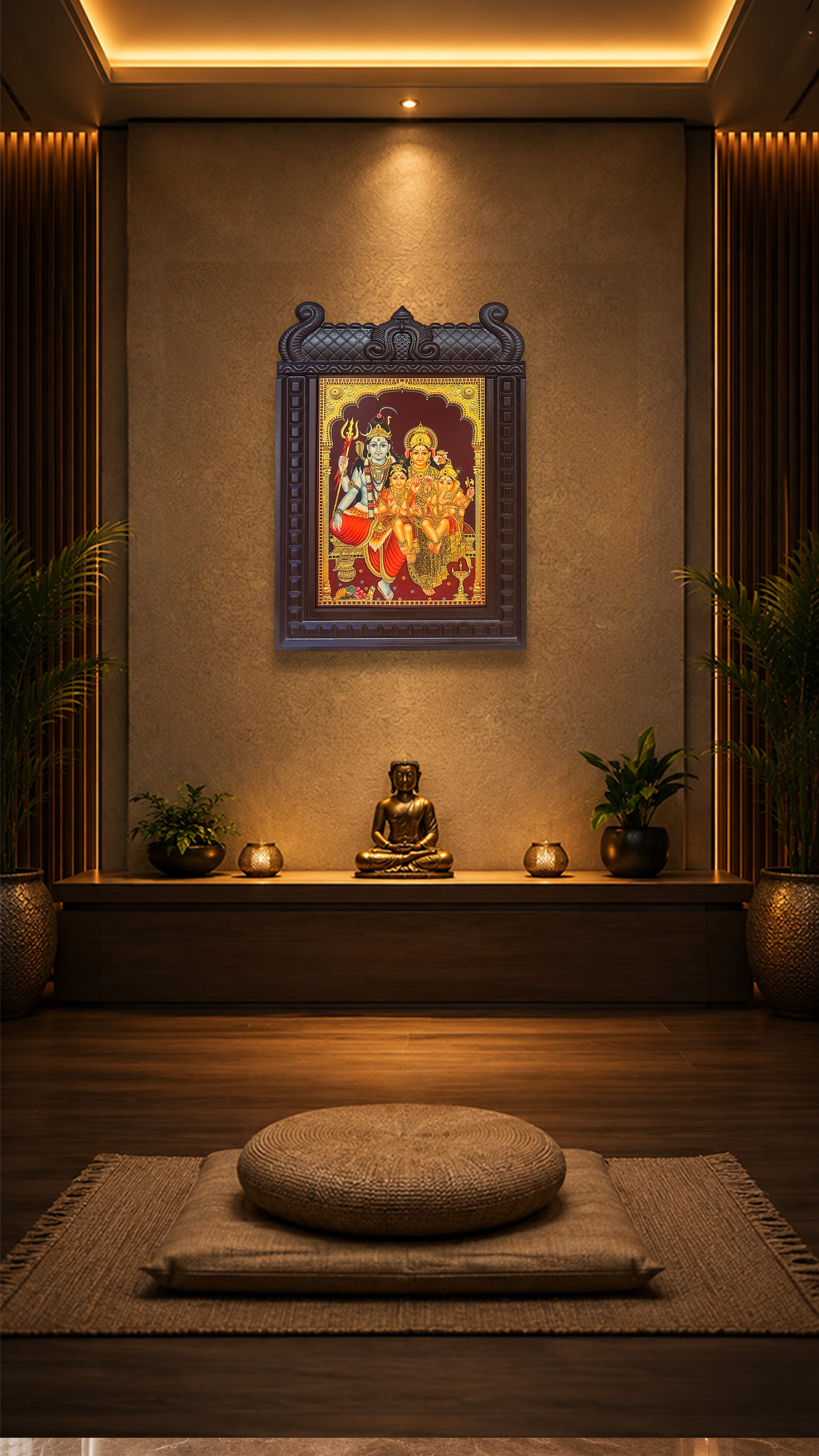 Shiva Parivar Premium Engineered Wooden Temple Frame | Gold Leaf Wall Art | Luxury Pooja Room Decor