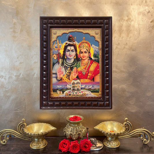 Shiva Parvati Gold Leaf Art | Divine Hindu Wall Art in Engineered Wooden Frame