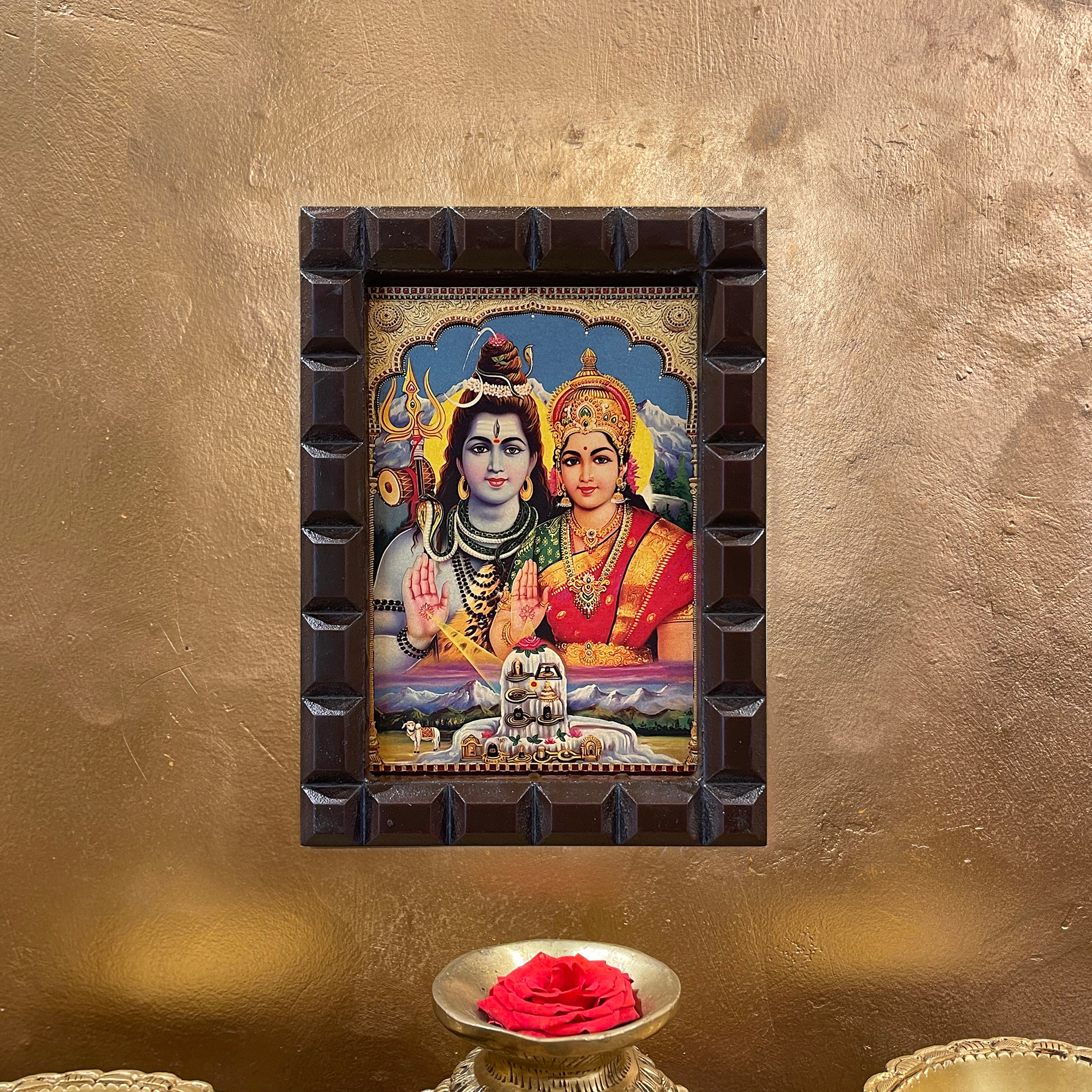 Shiva Parvati Gold Leaf Art | Divine Hindu Wall Art in Engineered Wooden Frame