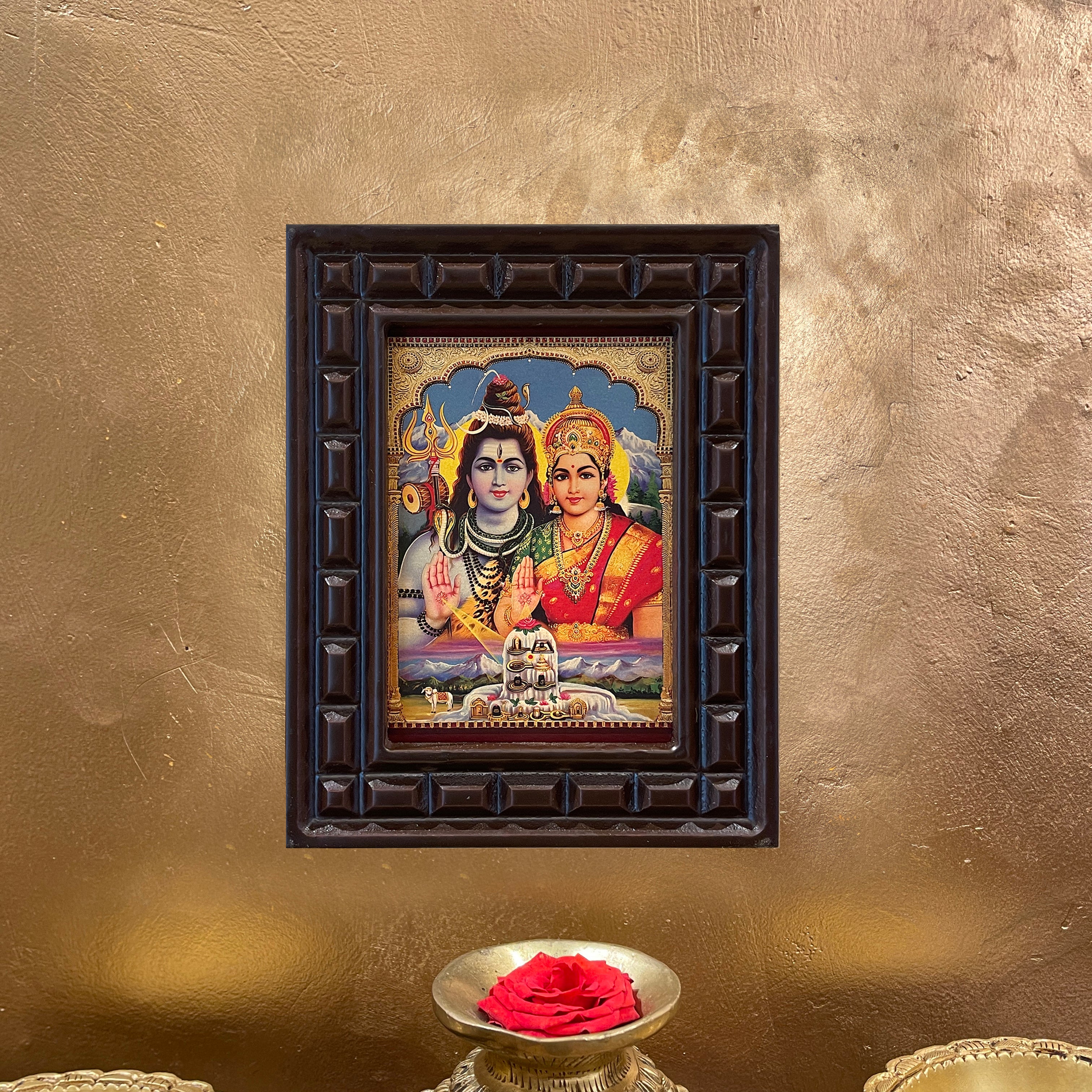 Shiva Parvati Gold Leaf Art | Divine Hindu Wall Art in Engineered Wooden Frame