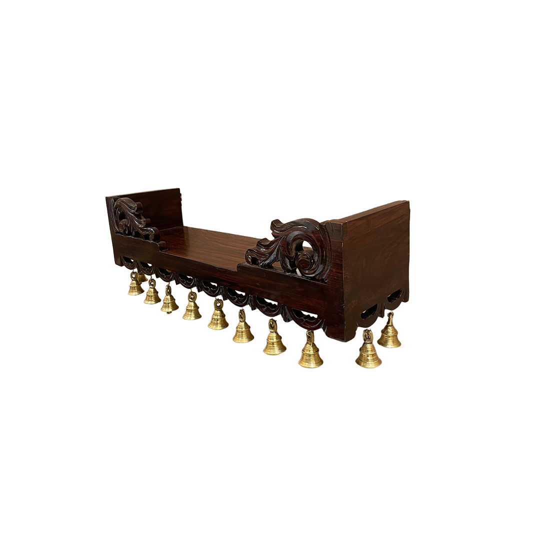 Rosewood Traditional Wooden Wall Shelf with Brass Bells – Elegant Décor for Home & Office