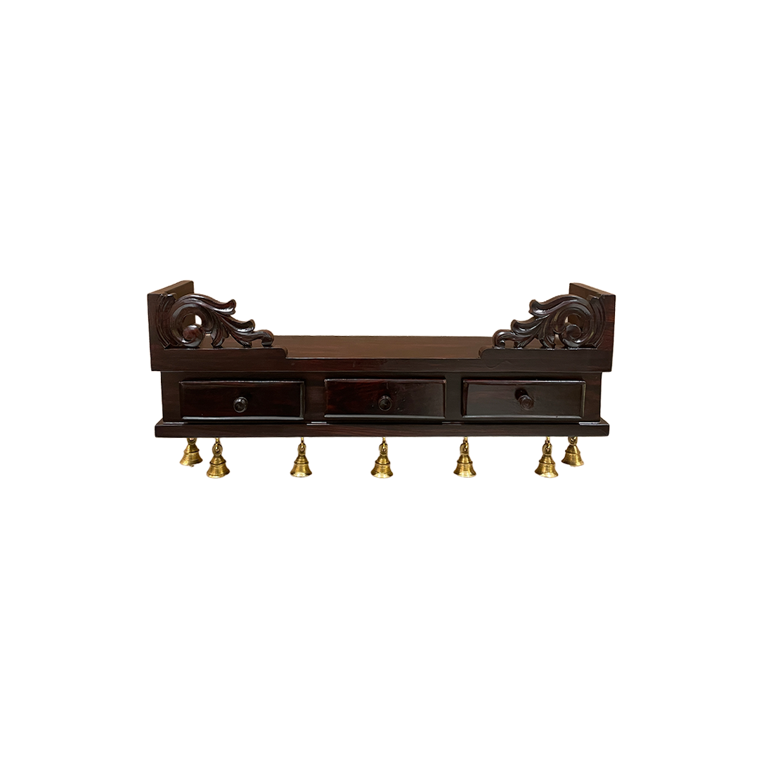 Wooden Wall Shelf with Bells – Traditional Rosewood Elegance for Home & Office
