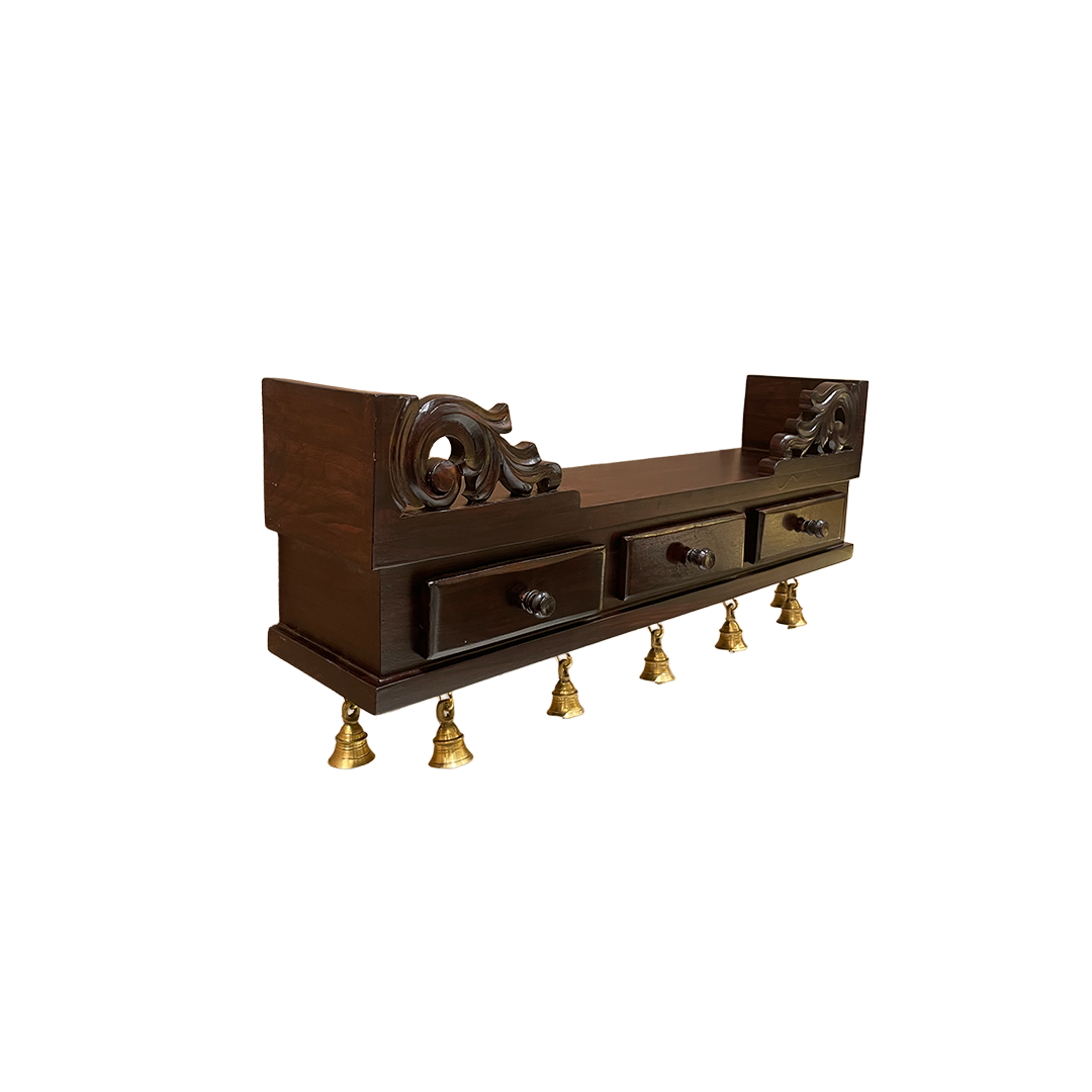 Wooden Wall Shelf with Bells – Traditional Rosewood Elegance for Home & Office