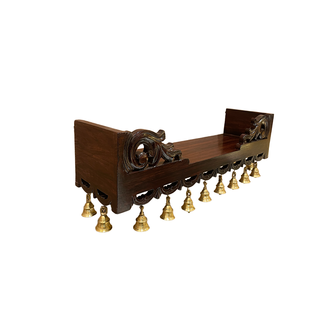 Rosewood Traditional Wooden Wall Shelf with Brass Bells – Elegant Décor for Home & Office
