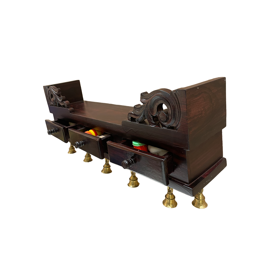 Wooden Wall Shelf with Bells – Traditional Rosewood Elegance for Home & Office