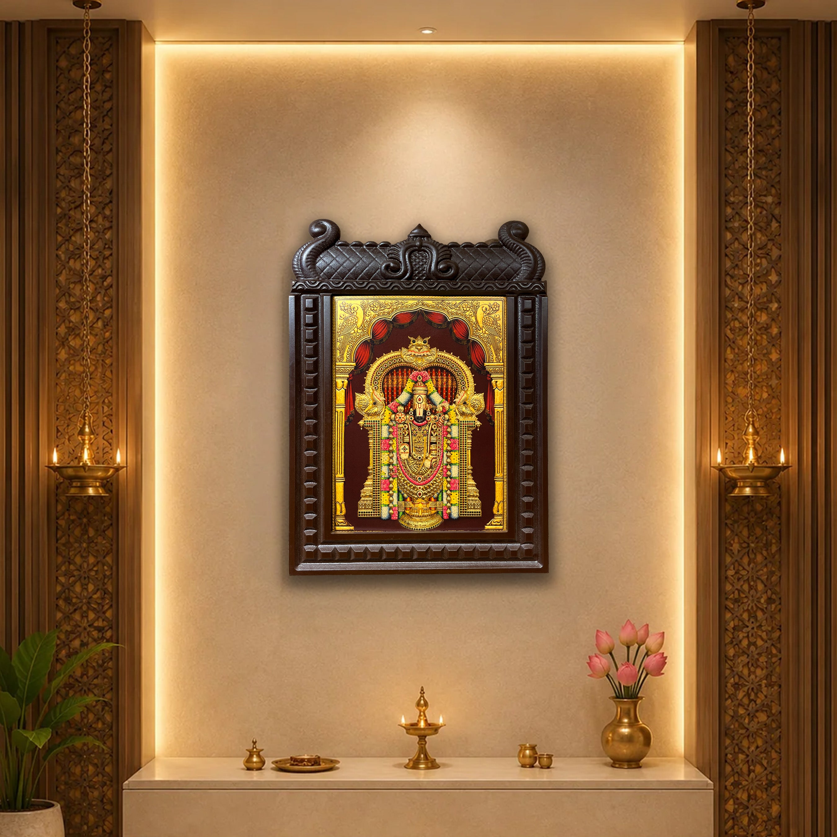 Tirupati Balaji Engineered Wooden Temple Frame | Premium Gold Leaf Artwork for Home Temple & Wall Decor