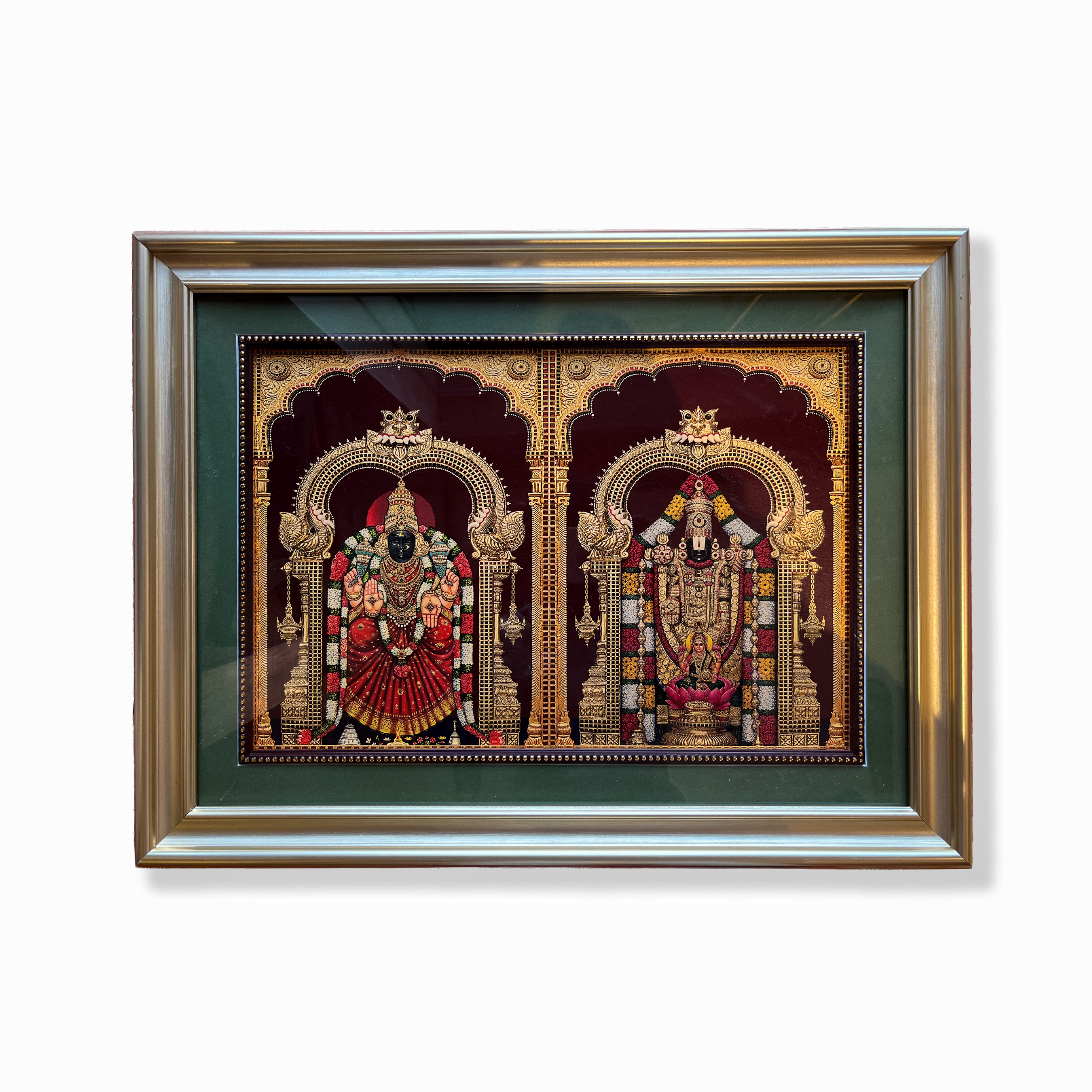 Tirupati Balaji & Padmavati Gold Leaf Artwork | Gold Resin Frame with Green Mount & Inner Beading