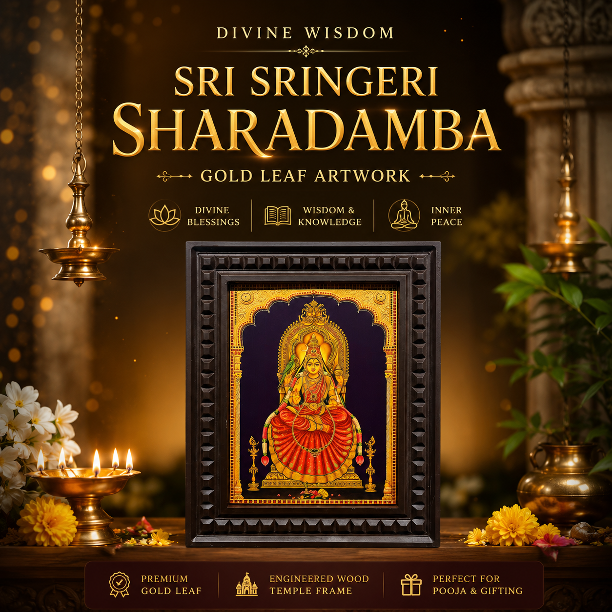 Sringeri Sharadamba Gold Leaf Artwork | Premium Engineered Wooden Frame | Small Hindu Temple Wall Decor for Pooja Room