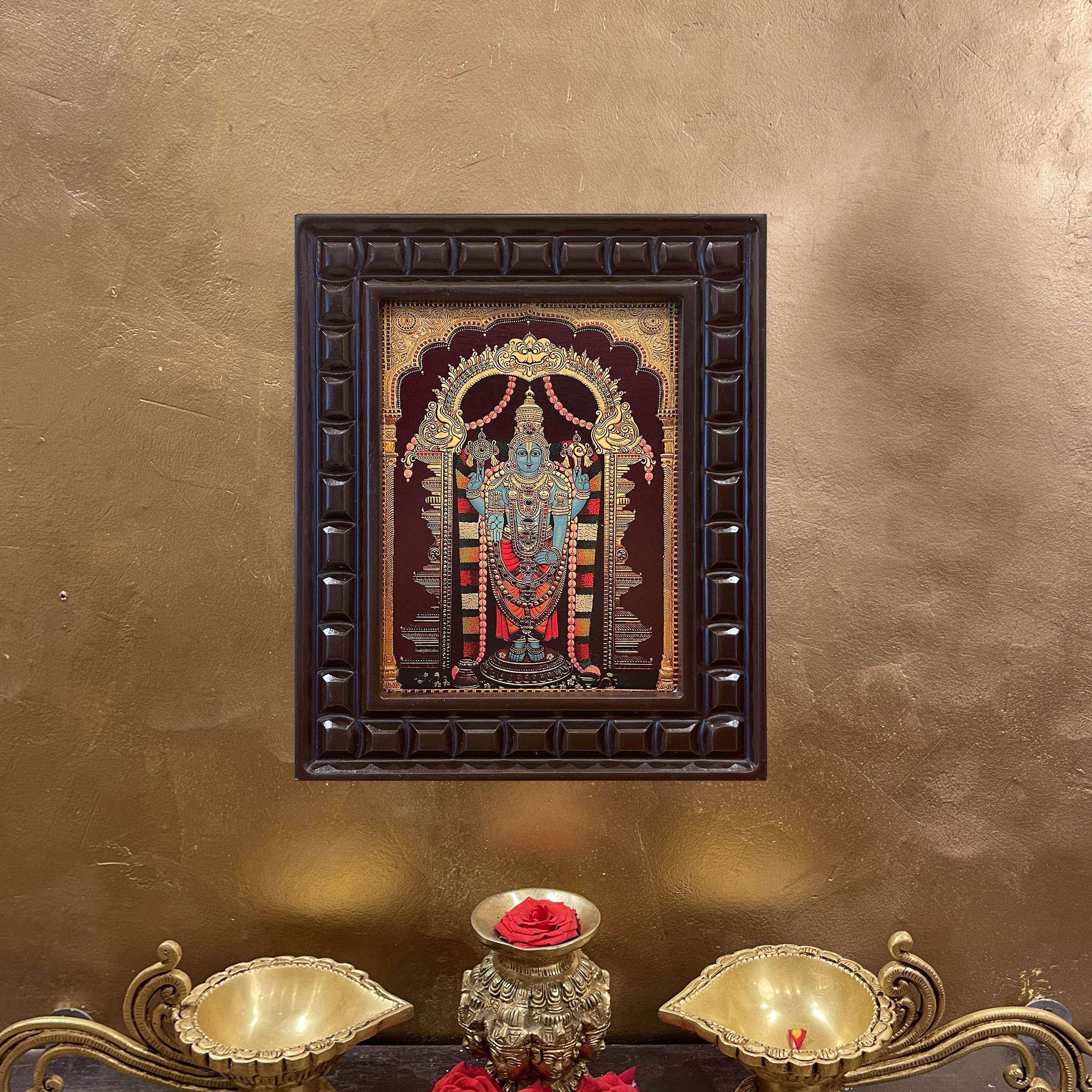 Tirupati Venkateswara Gold Leafed Art in Engineered Wooden Frame