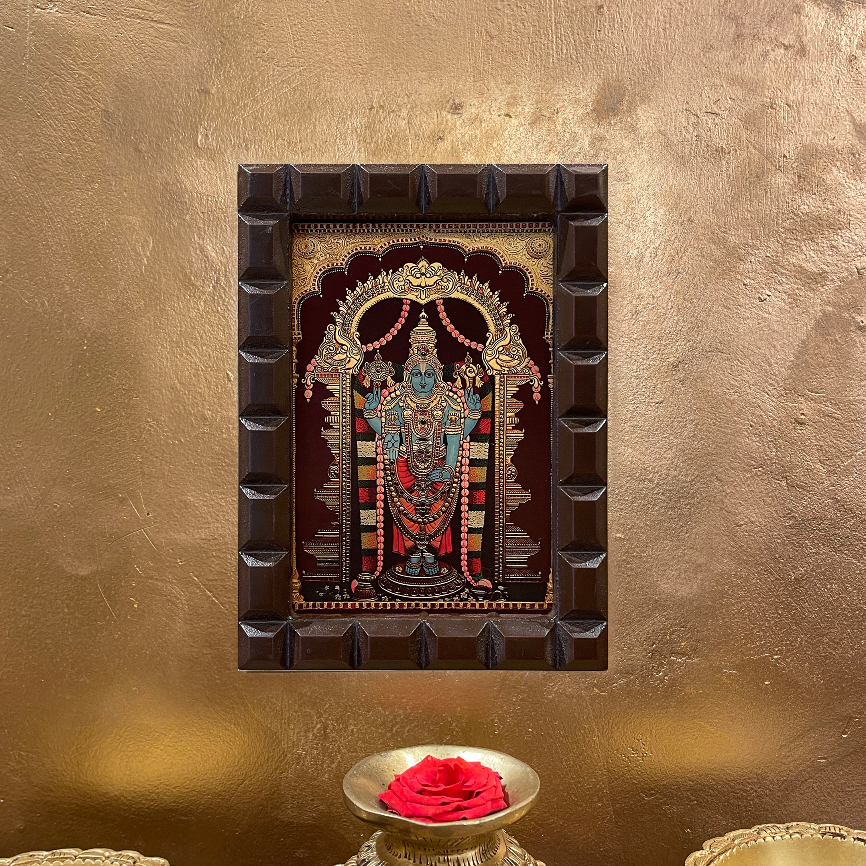 Tirupati Venkateswara Gold Leafed Art in Engineered Wooden Frame