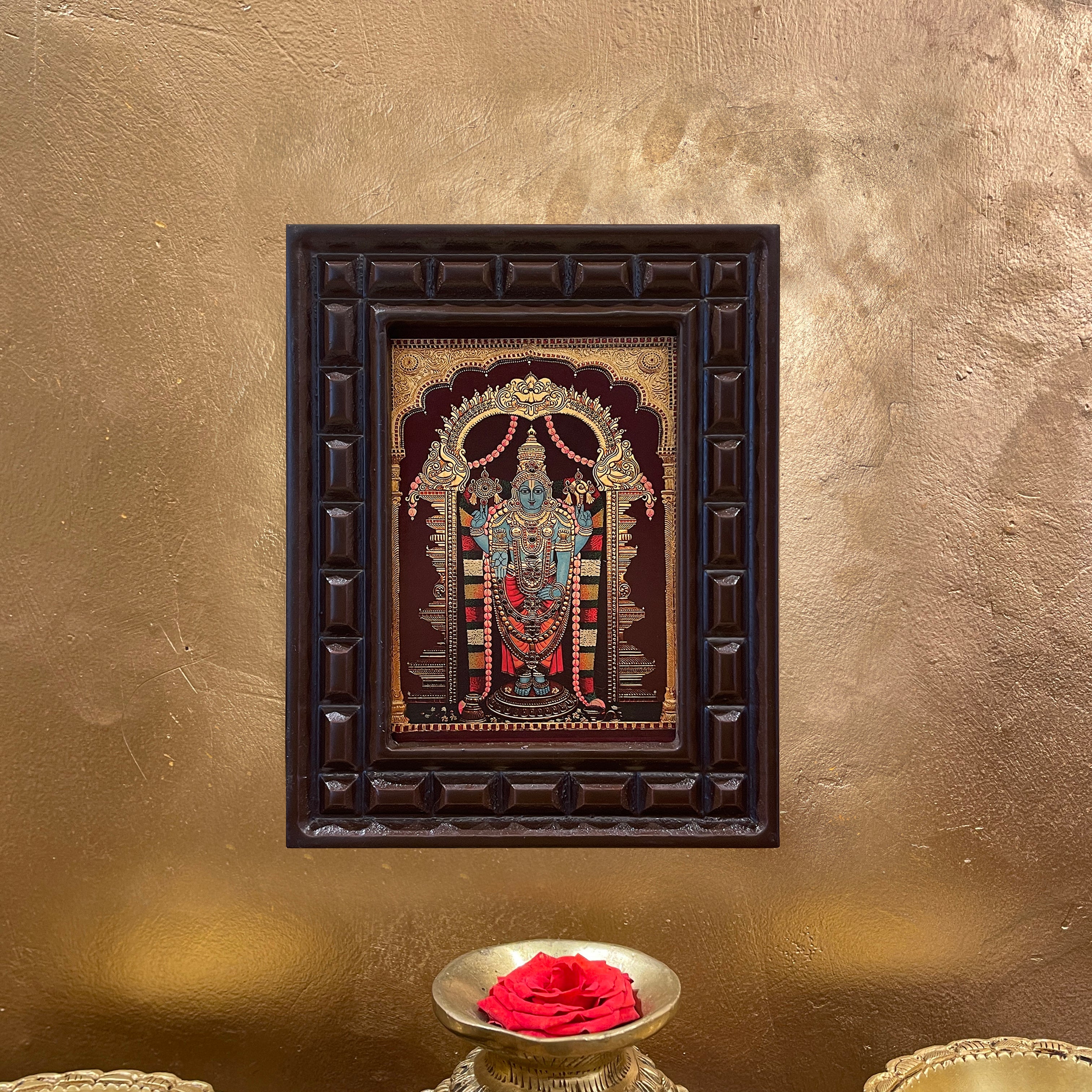 Tirupati Venkateswara Gold Leafed Art in Engineered Wooden Frame