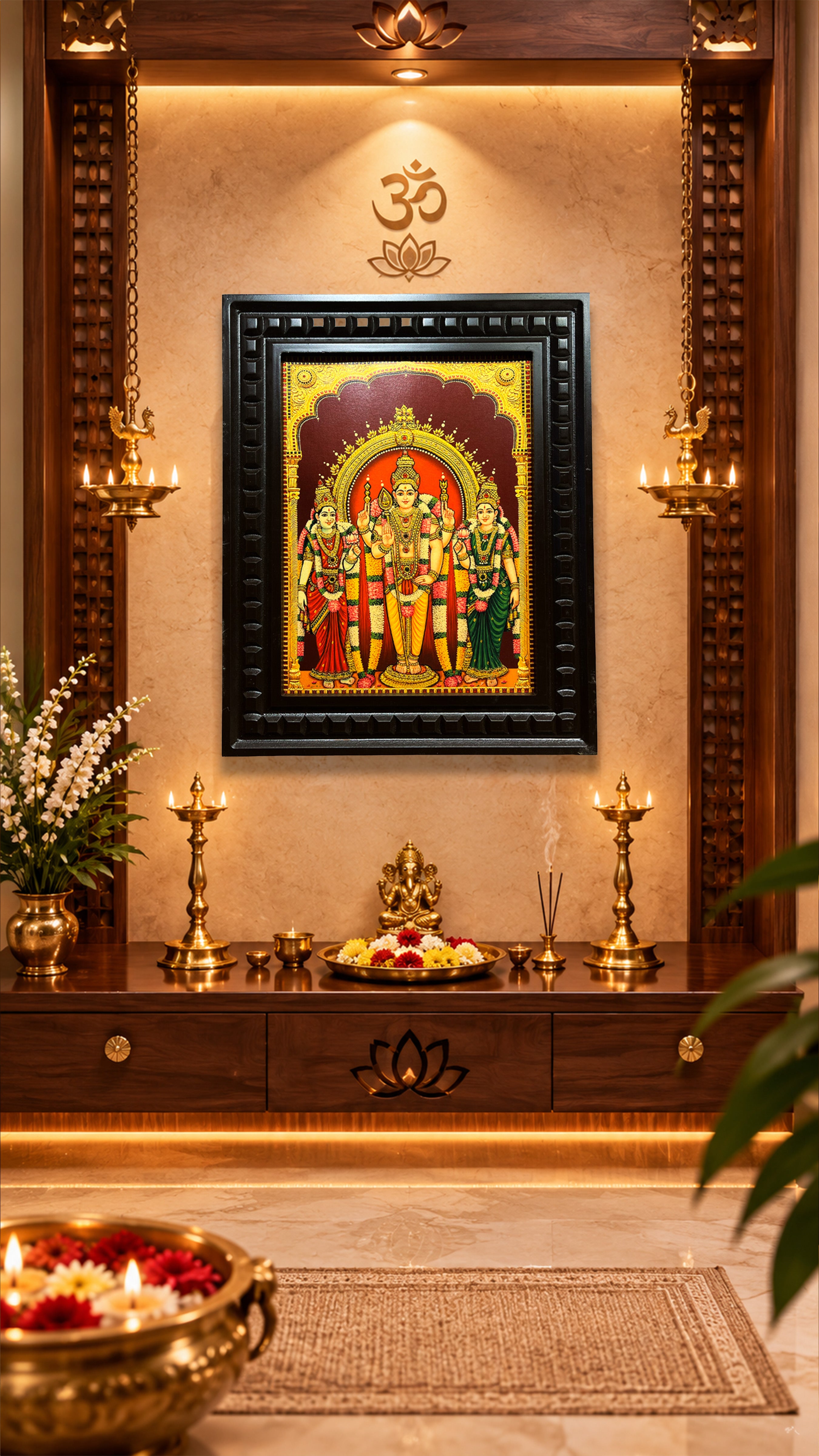 Murugan with Valli & Deivanai Gold Leaf Artwork in Engineered Wooden Frame | Premium Lord Murugan Wall Art for Pooja Room by ESTUDIO