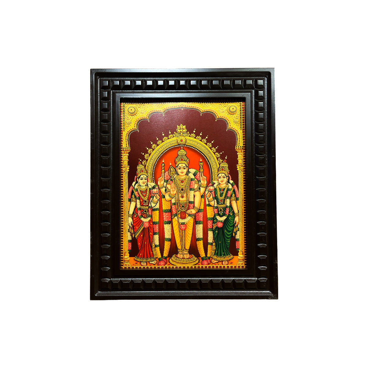 Murugan with Valli & Deivanai Gold Leaf Artwork in Engineered Wooden Frame | Premium Lord Murugan Wall Art for Pooja Room by ESTUDIO