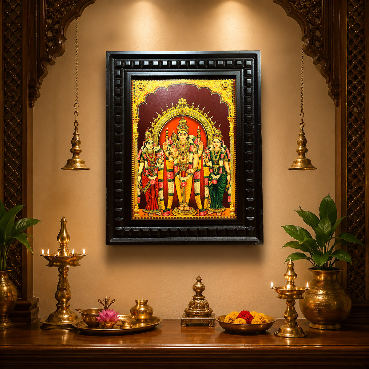 Murugan with Valli & Deivanai Gold Leaf Artwork in Engineered Wooden Frame | Premium Lord Murugan Wall Art for Pooja Room by ESTUDIO