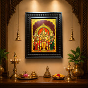 Murugan with Valli & Deivanai Gold Leaf Artwork in Engineered Wooden Frame | Premium Lord Murugan Wall Art for Pooja Room by ESTUDIO