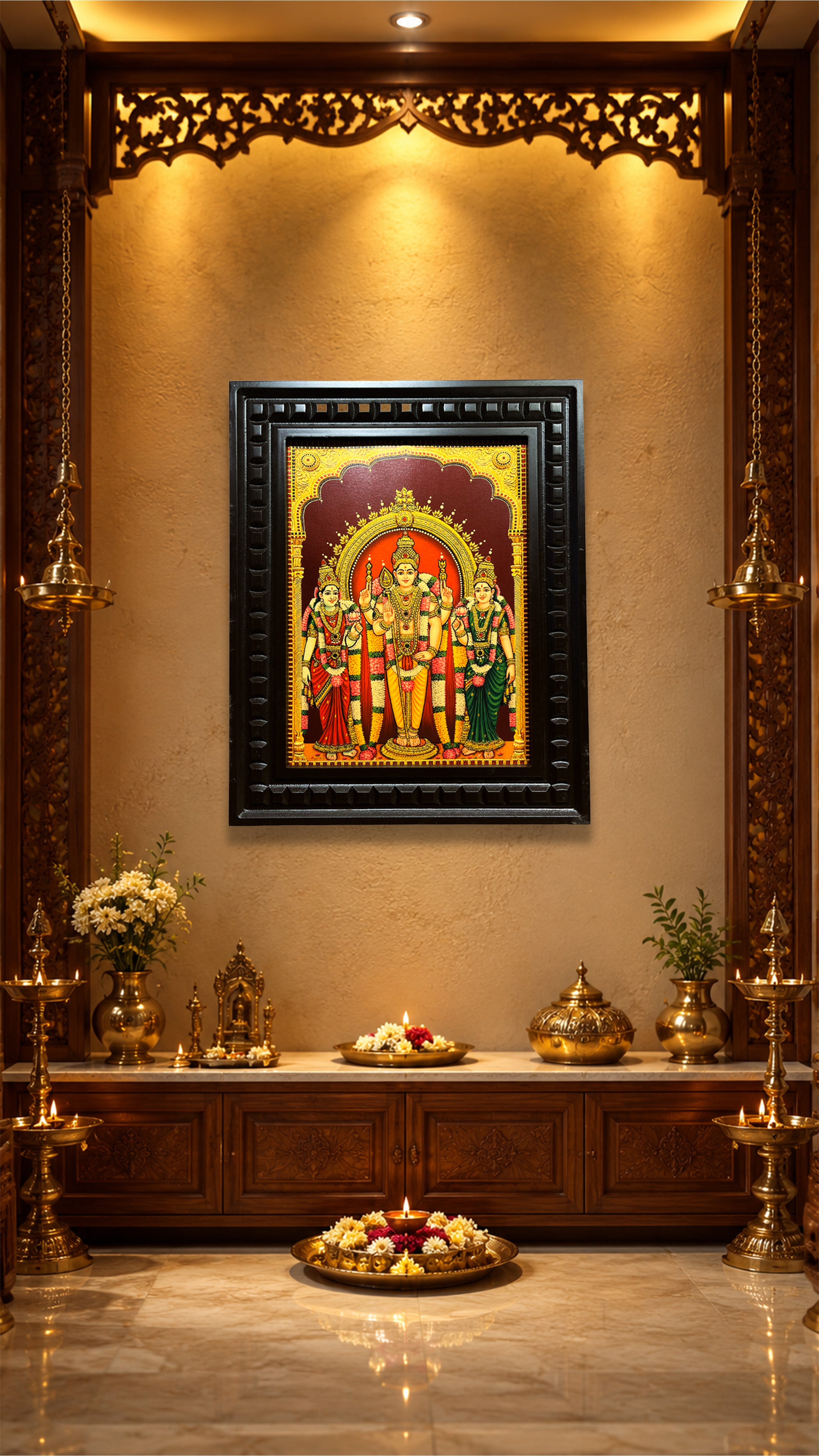 Murugan with Valli & Deivanai Gold Leaf Artwork in Engineered Wooden Frame | Premium Lord Murugan Wall Art for Pooja Room by ESTUDIO
