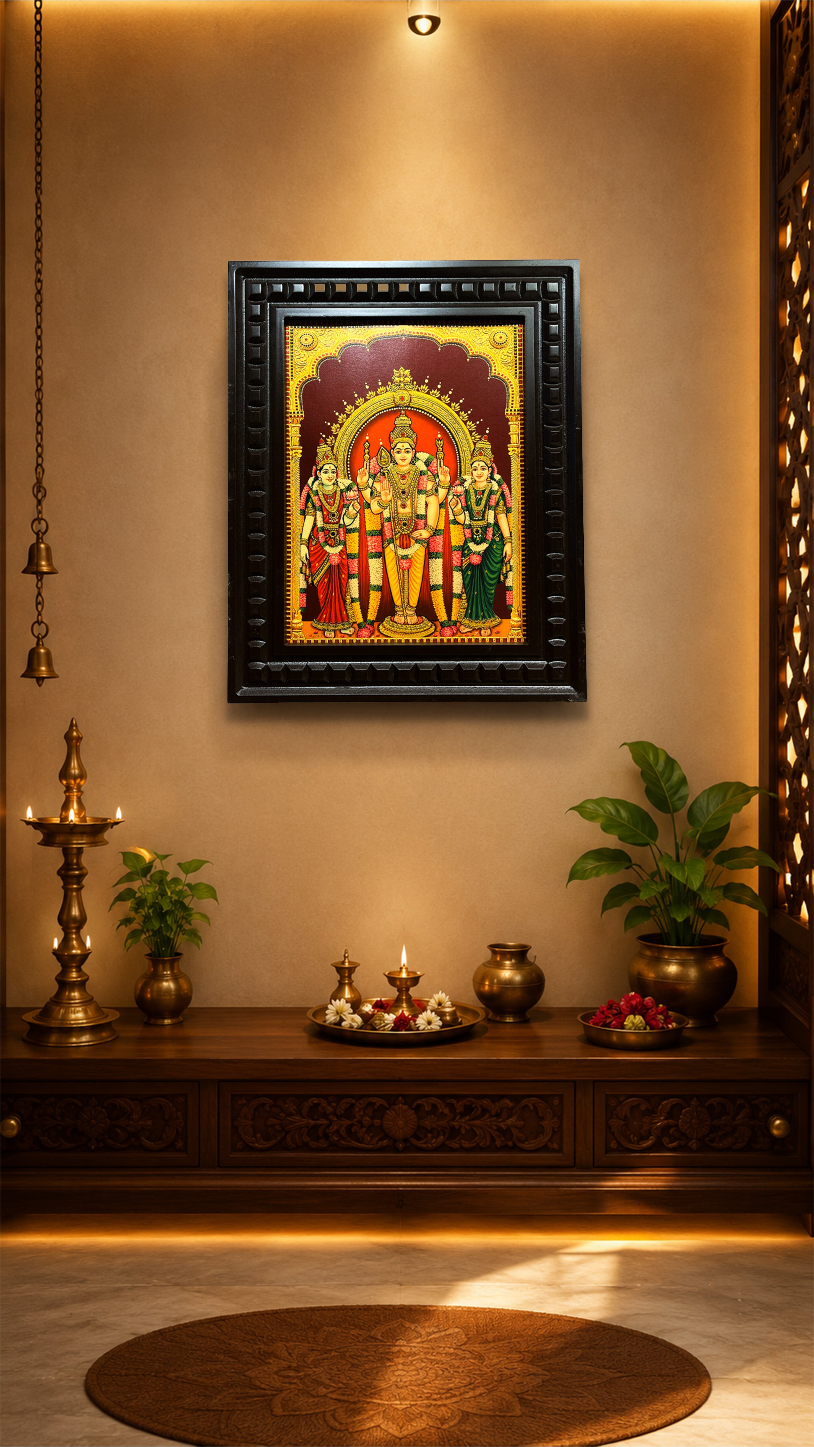 Murugan with Valli & Deivanai Gold Leaf Artwork in Engineered Wooden Frame | Premium Lord Murugan Wall Art for Pooja Room by ESTUDIO