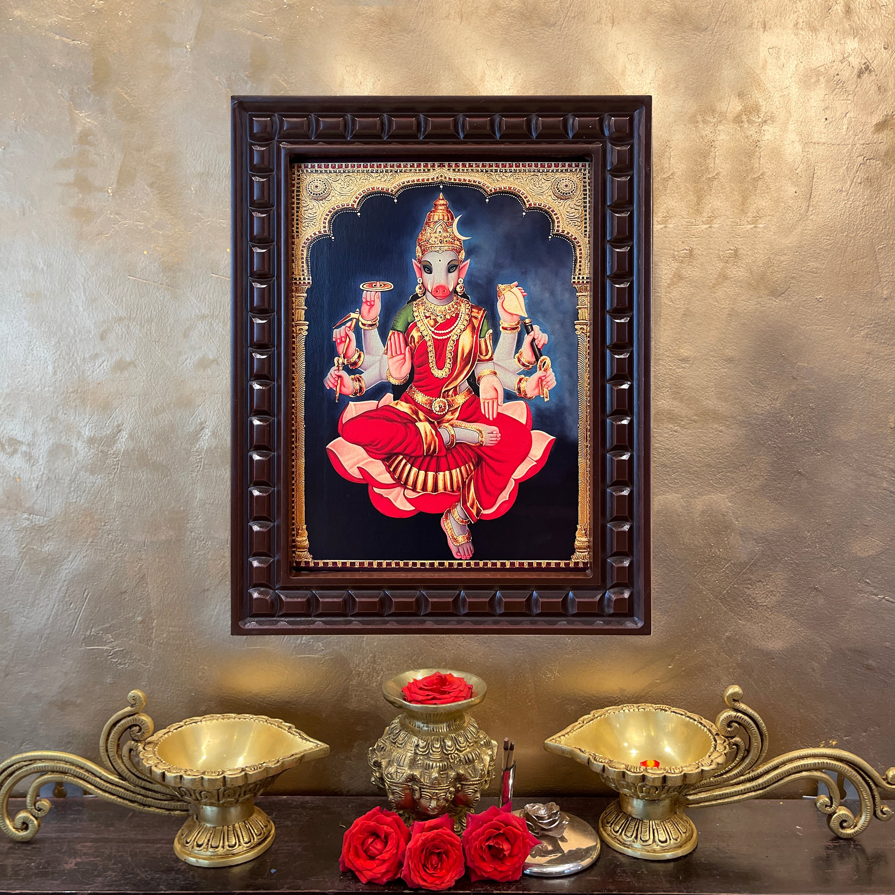 Gold Leafed Varahi Devi in Wooden Frame