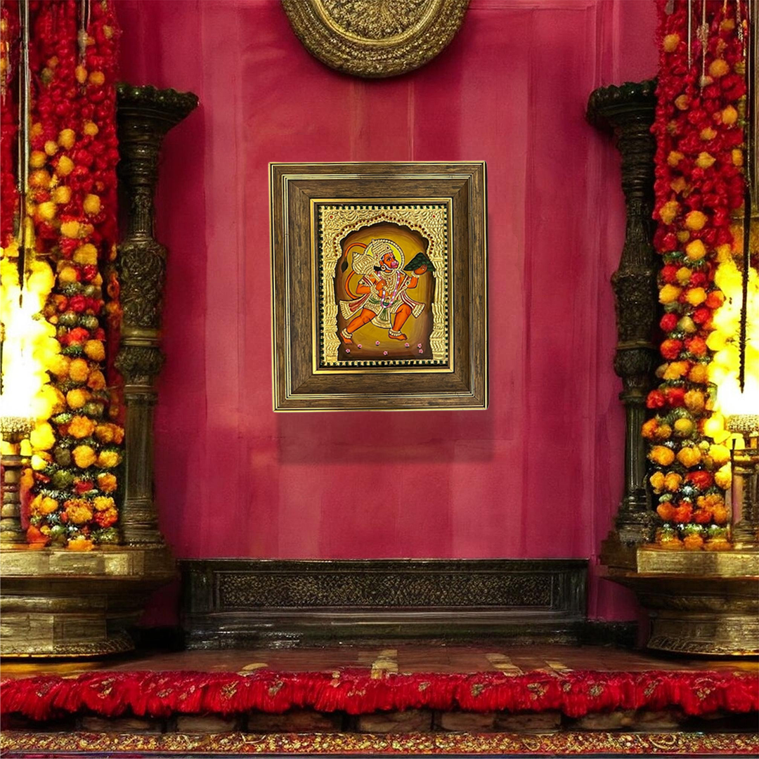 Hanuman & Shrinathji Tanjore Painting Set | Handmade Gold Foil Art | Traditional Wooden Frame Wall Decor