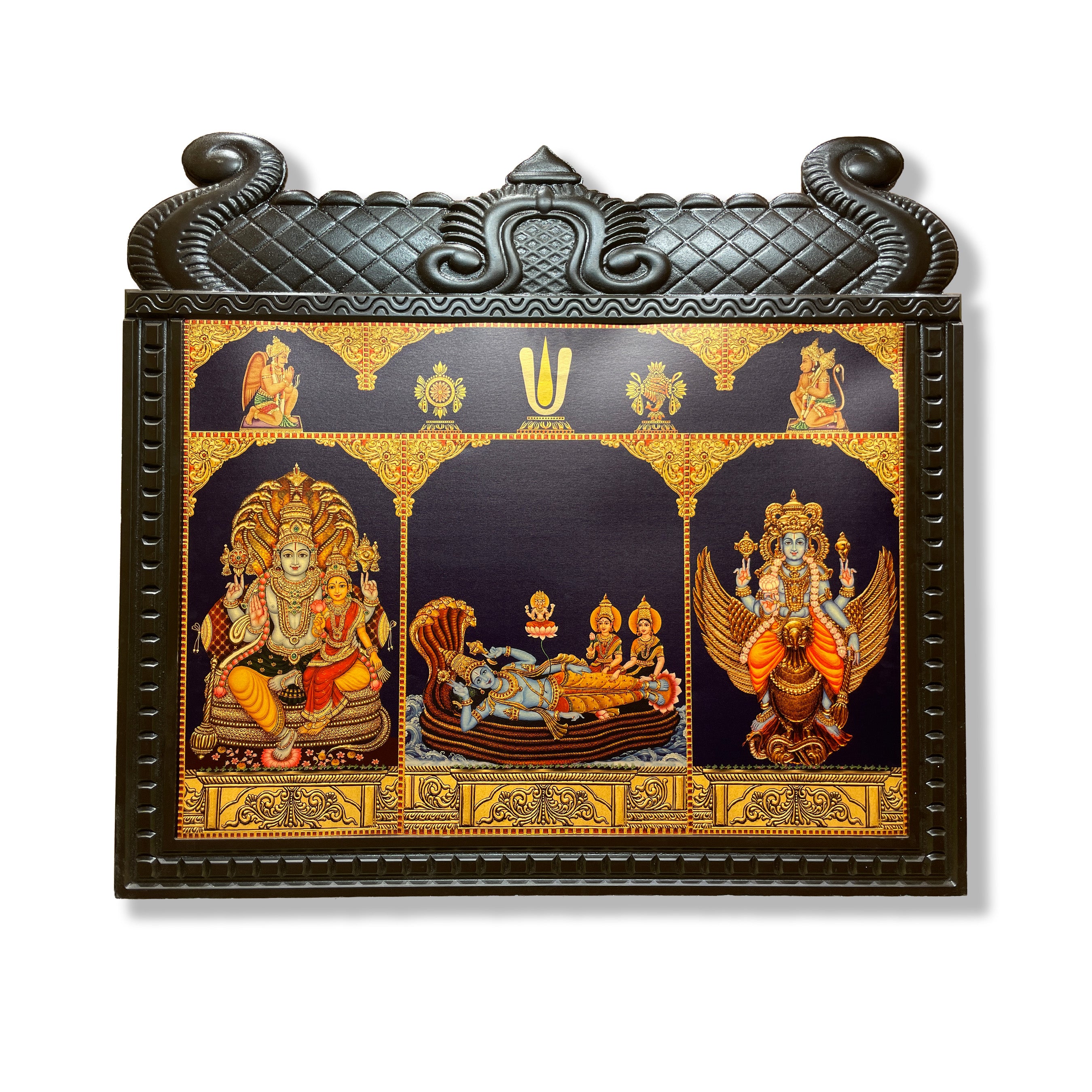 Sri Vishnu Vaibhavam – Gold Leaf Art of Vishnu & Lakshmi, Ranganathar with Sridevi & Bhudevi, and Garuda in a Temple-Engineered Wooden Frame